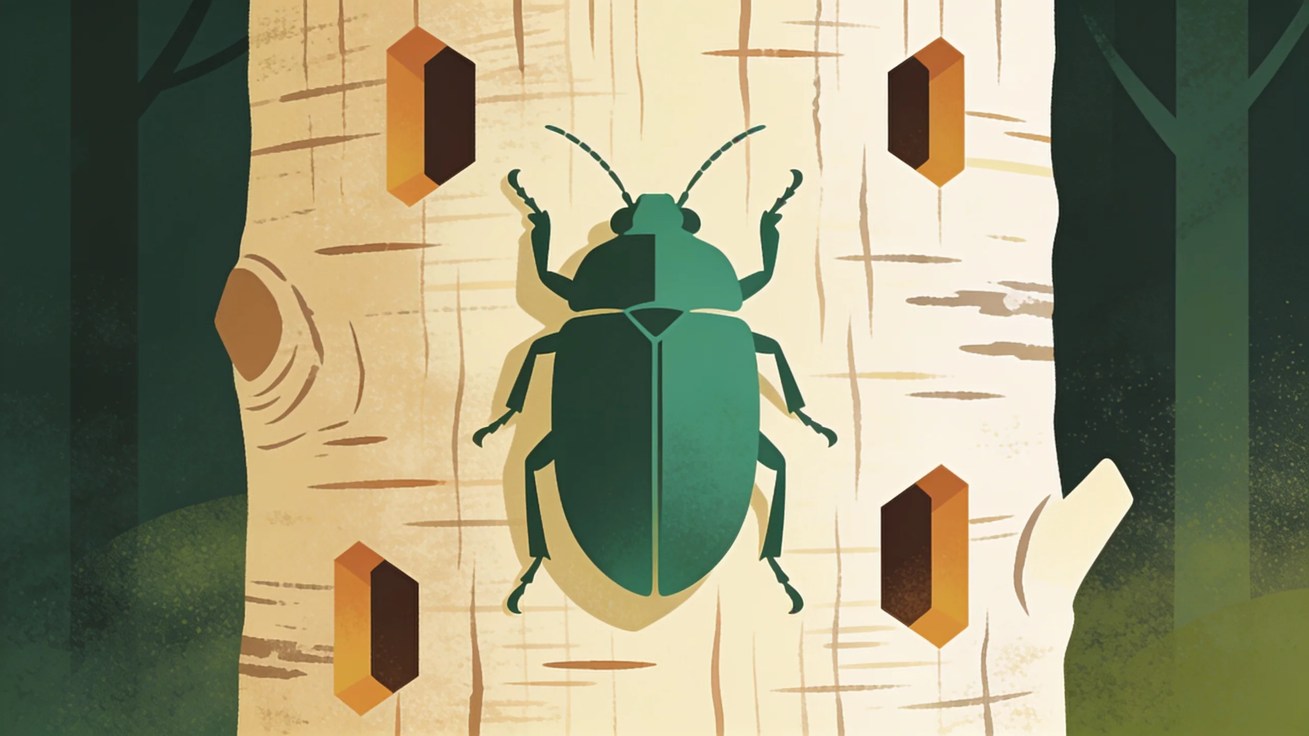 Metallic green emerald ash borer beetle on ash tree bark with D-shaped exit hole