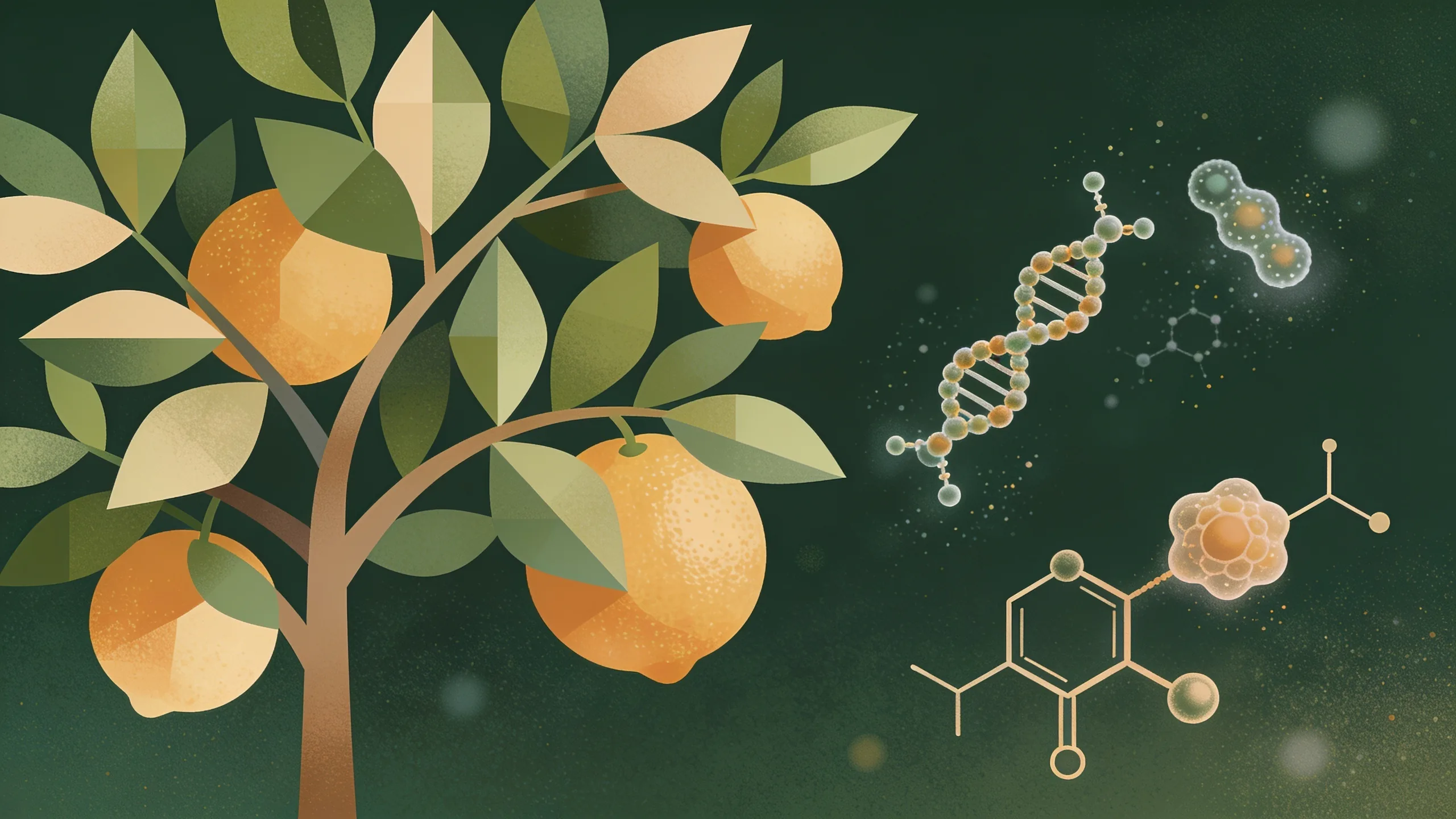 Minimalist illustration of citrus tree with geometric leaf patterns and microscopic peptide structures in earthy green tones