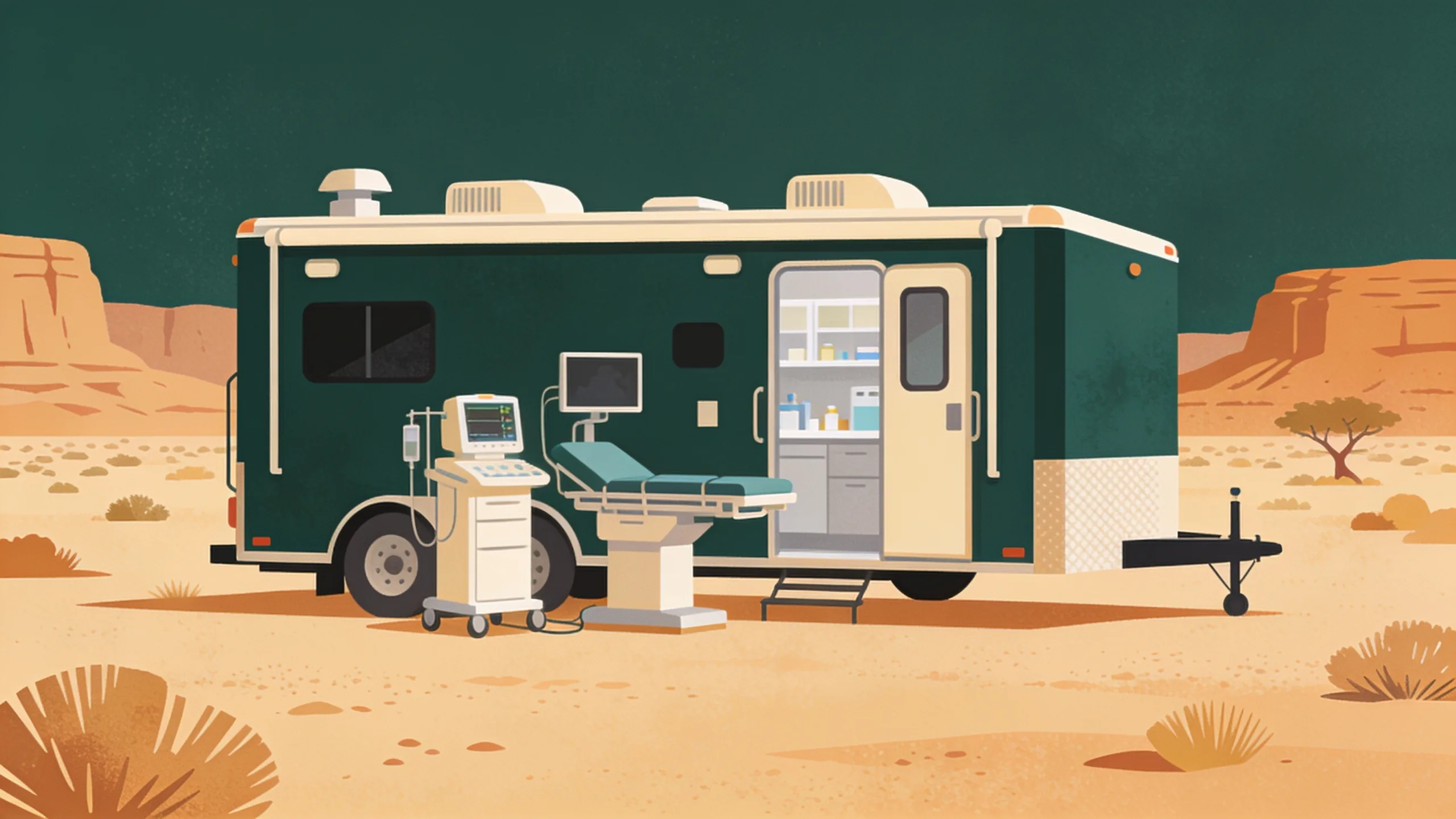 Minimalist illustration of a mobile veterinary laboratory with geometric shapes representing diagnostic equipment and Texas landscape