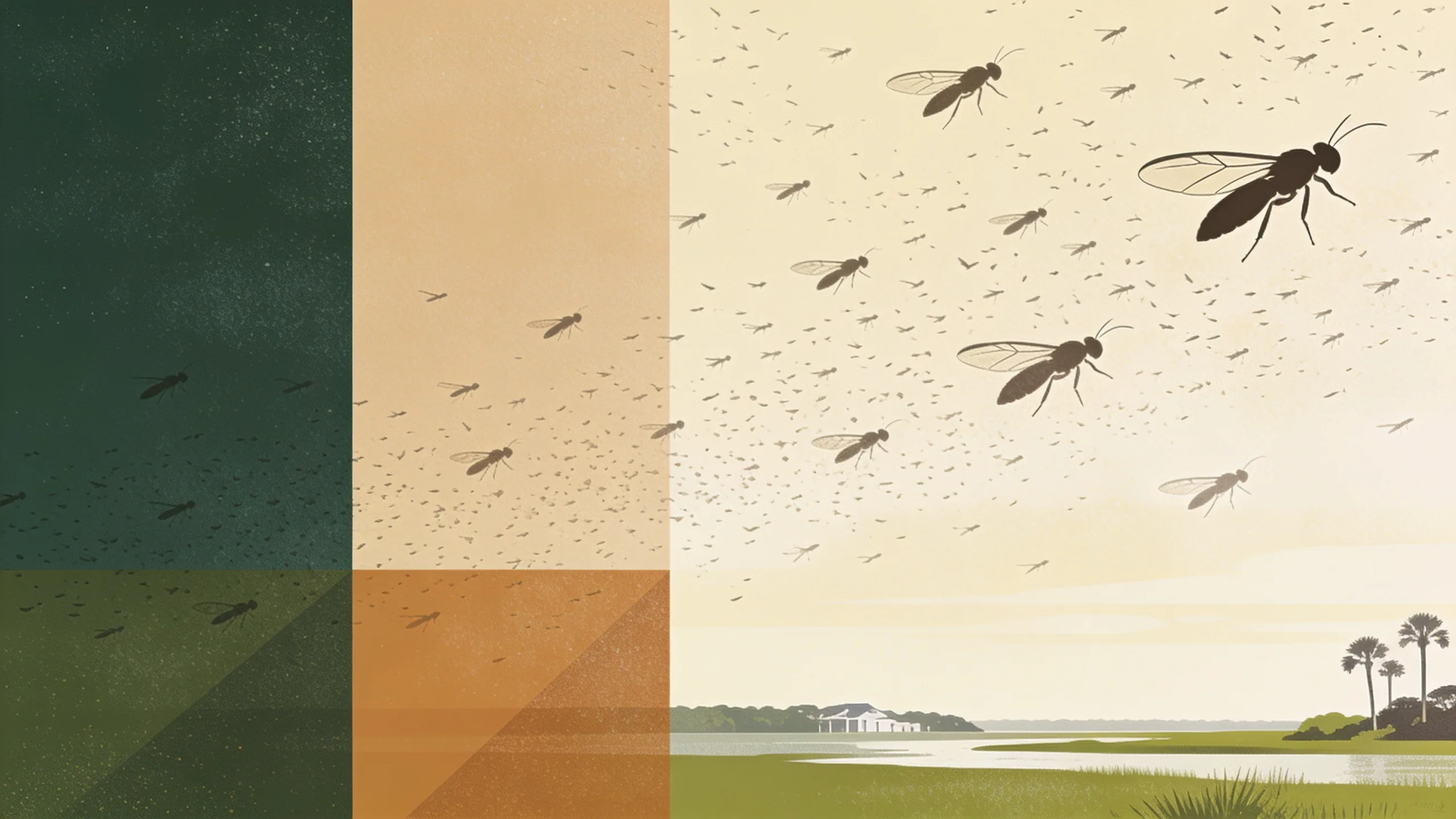 Abstract illustration of lovebugs swarming, muted earth tones with soft cream background and geometric shapes suggesting movement