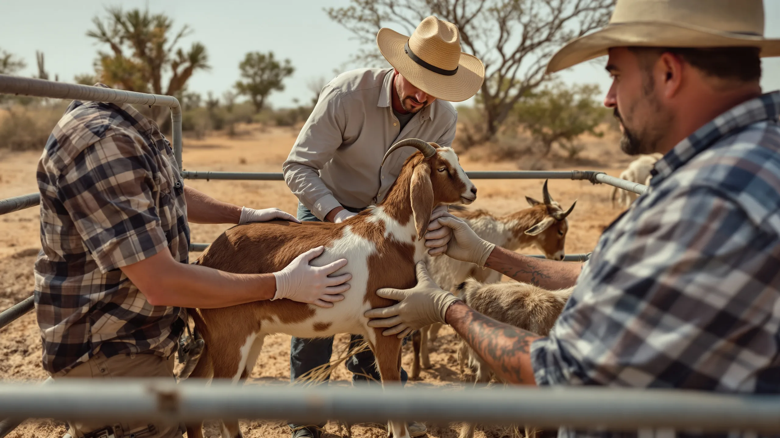 A livestock veterinarian examining a Boer goat in a handling pen on a dry brush-country ranch in Val Verde County, Texas, representing the newest confirmed screwworm case
