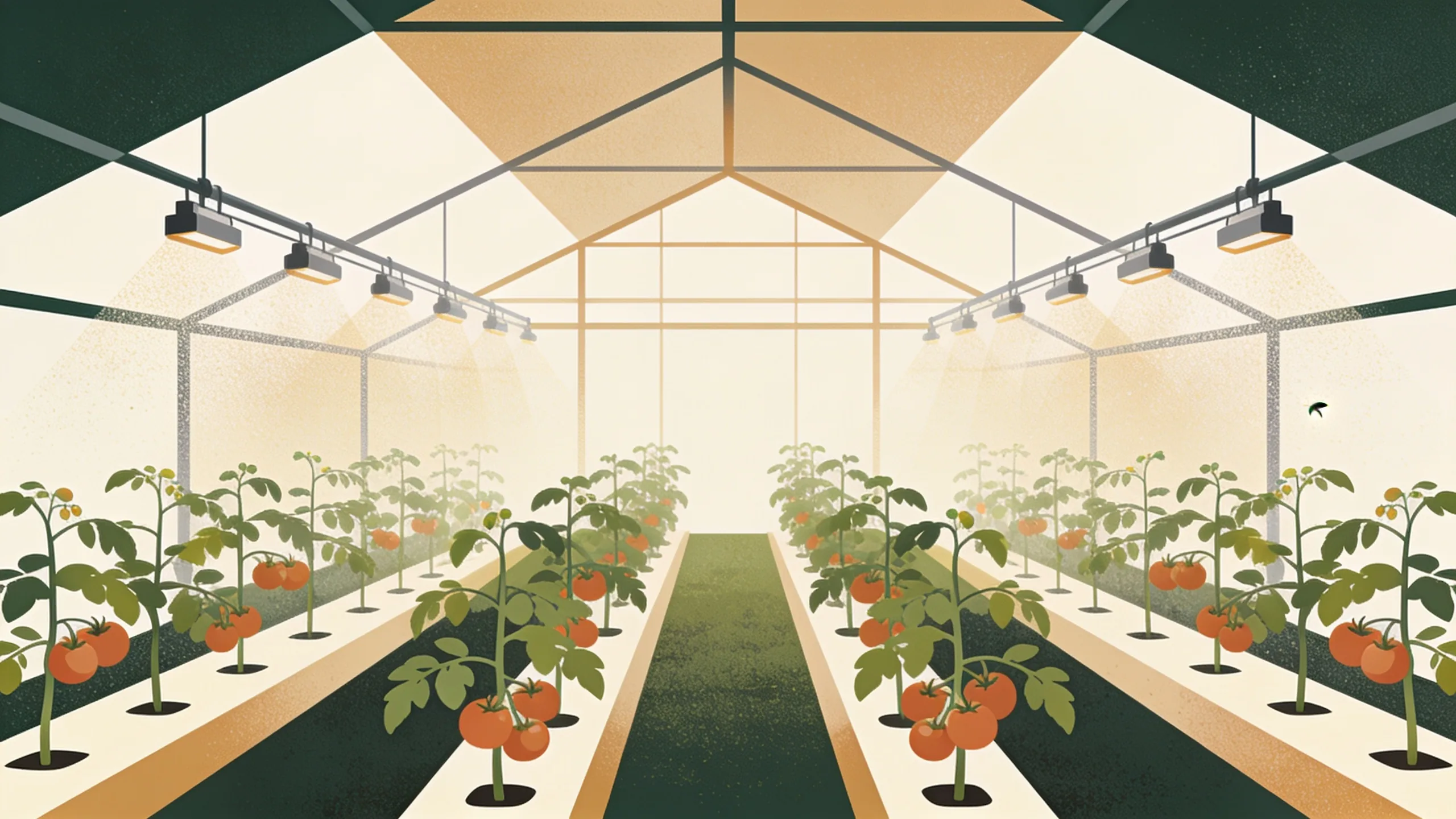 Rows of tomato plants growing in a controlled environment greenhouse with integrated pest management systems