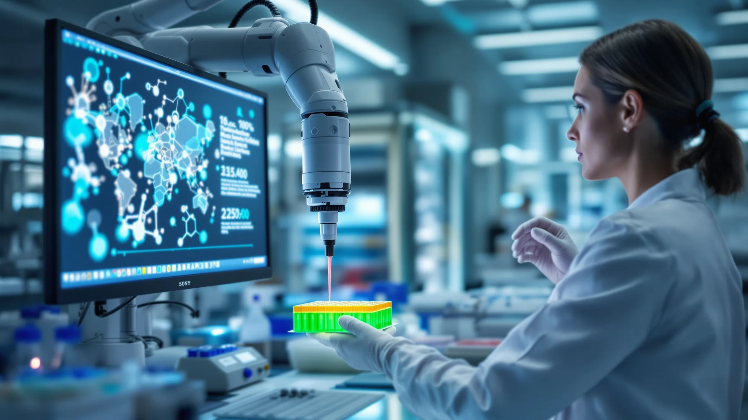 Abstract illustration of laboratory testing alternatives with digital molecular structures and cell-based research imagery