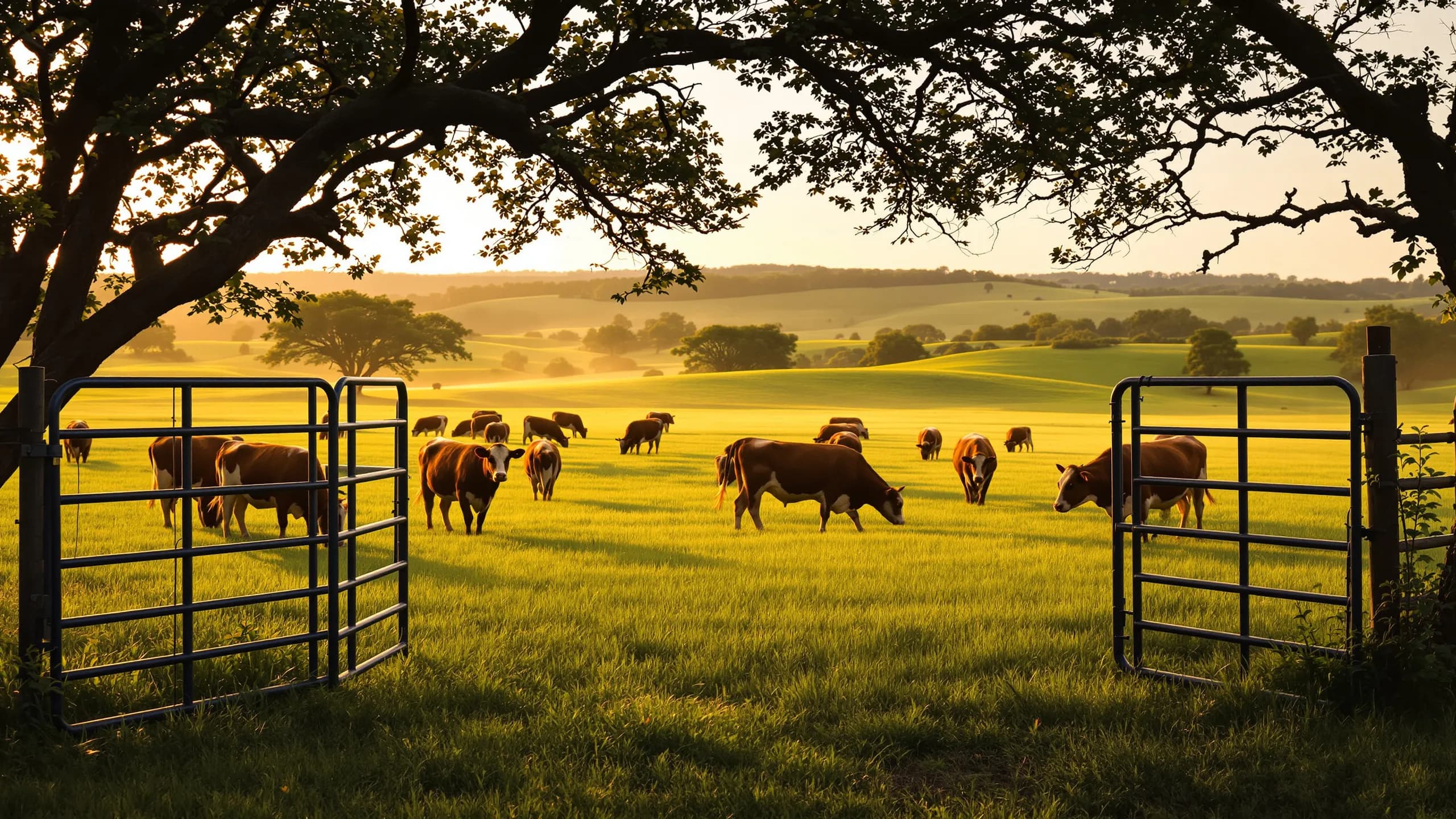 Beef cattle grazing unhurried in a green Hill Country pasture at sunrise with an open gate in the foreground, representing the first screwworm quarantine release in Texas