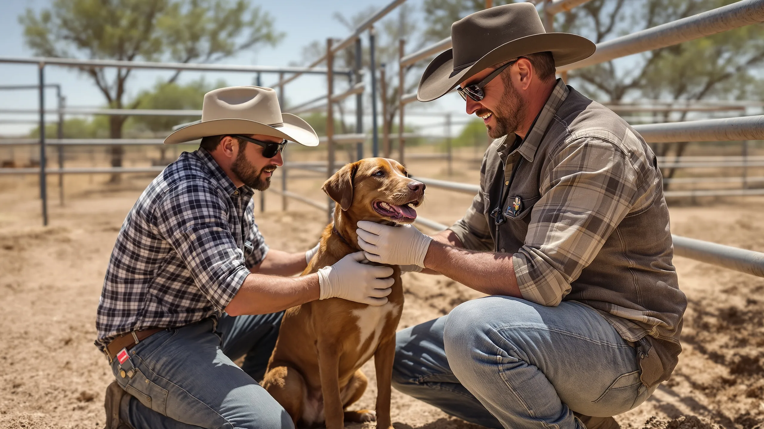 A veterinarian in gloves examining a ranch dog's shoulder in a dusty West Texas corral in Crockett County, representing the newest confirmed screwworm case
