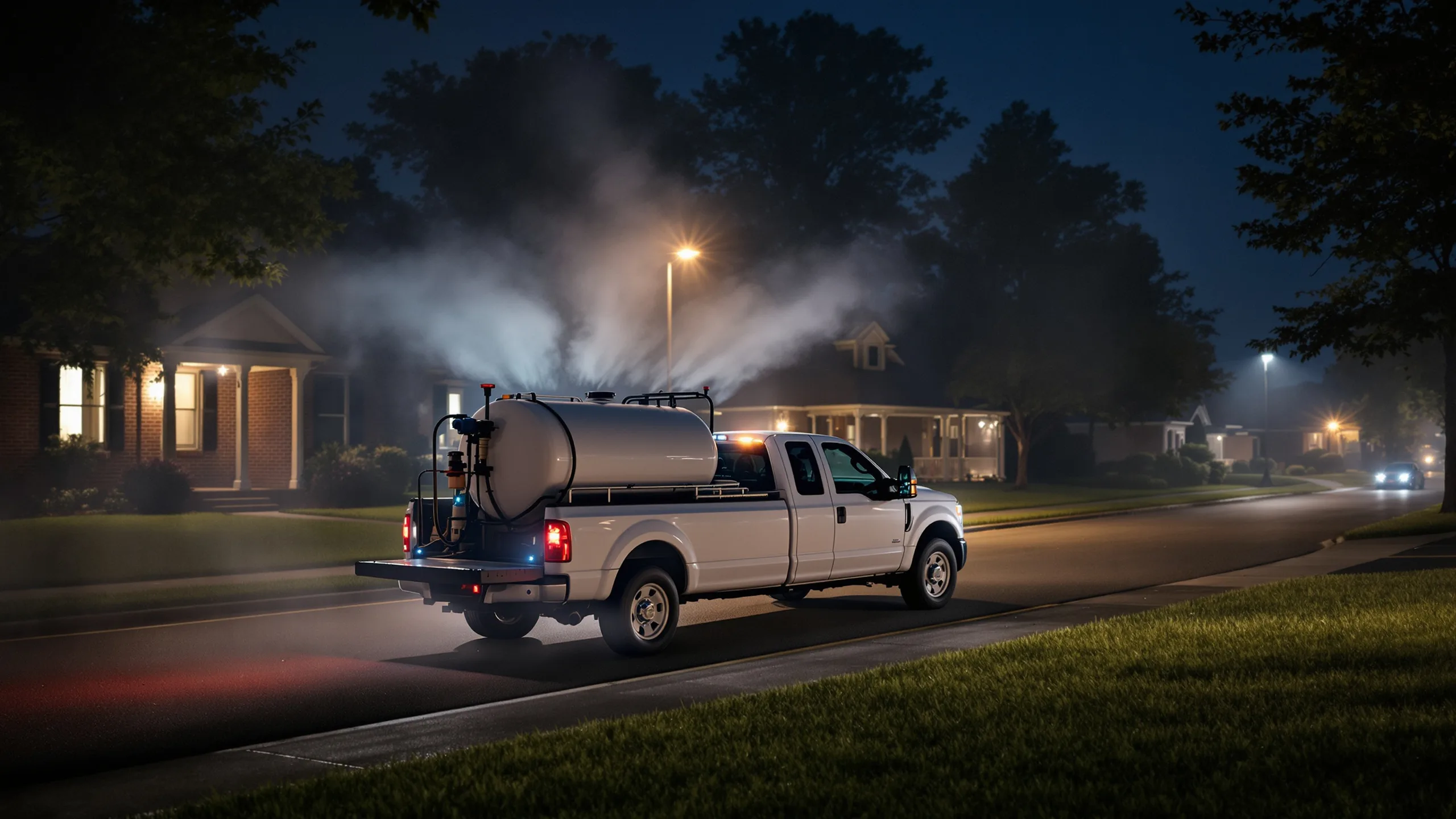 A mosquito-control pickup truck releasing a fine insecticide fog along a quiet residential Arlington street at night during targeted West Nile ground spraying