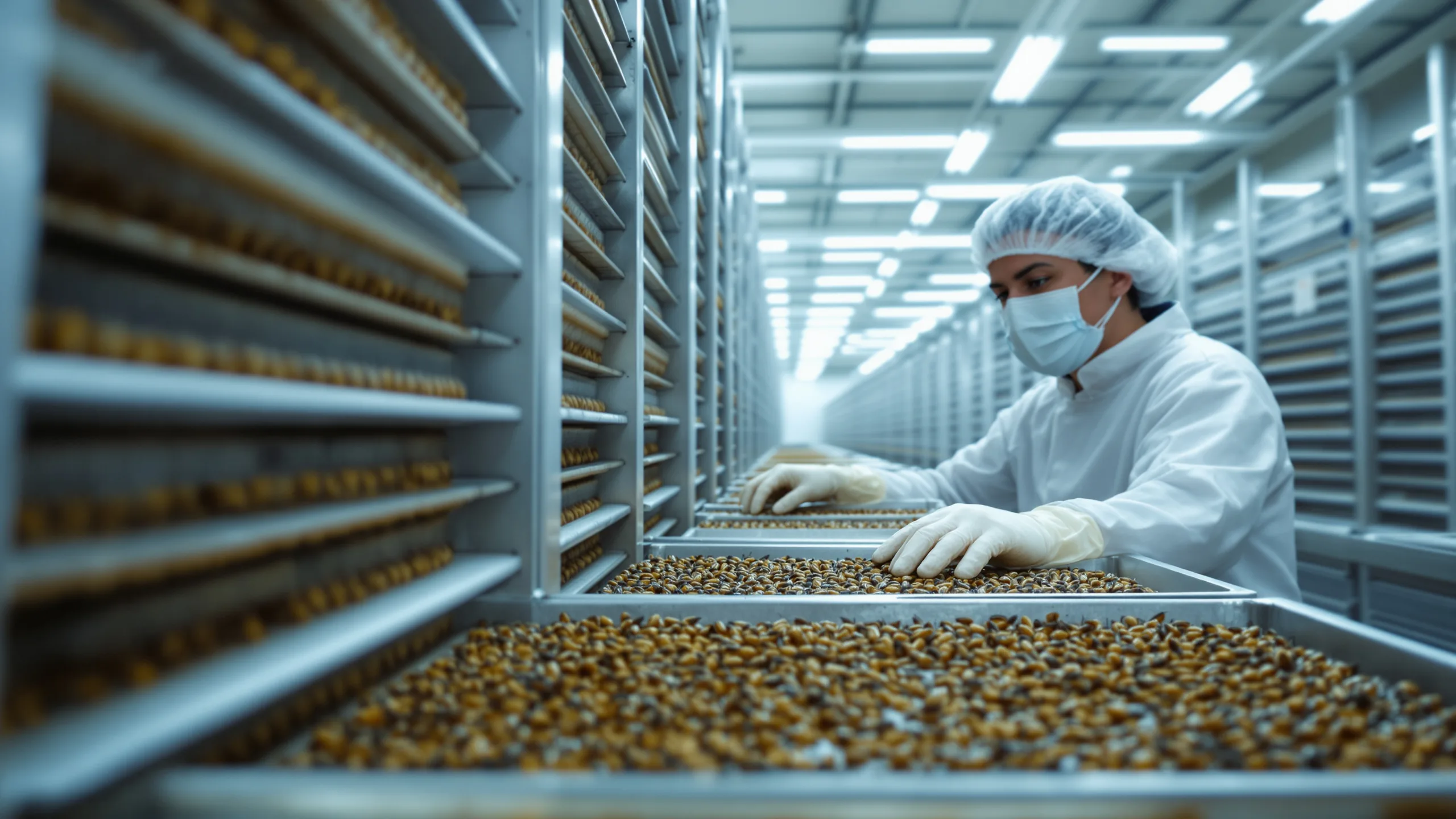 A technician in a hairnet and gloves inspecting stacked trays of fly pupae under bright lights inside a sterile insect mass-rearing facility