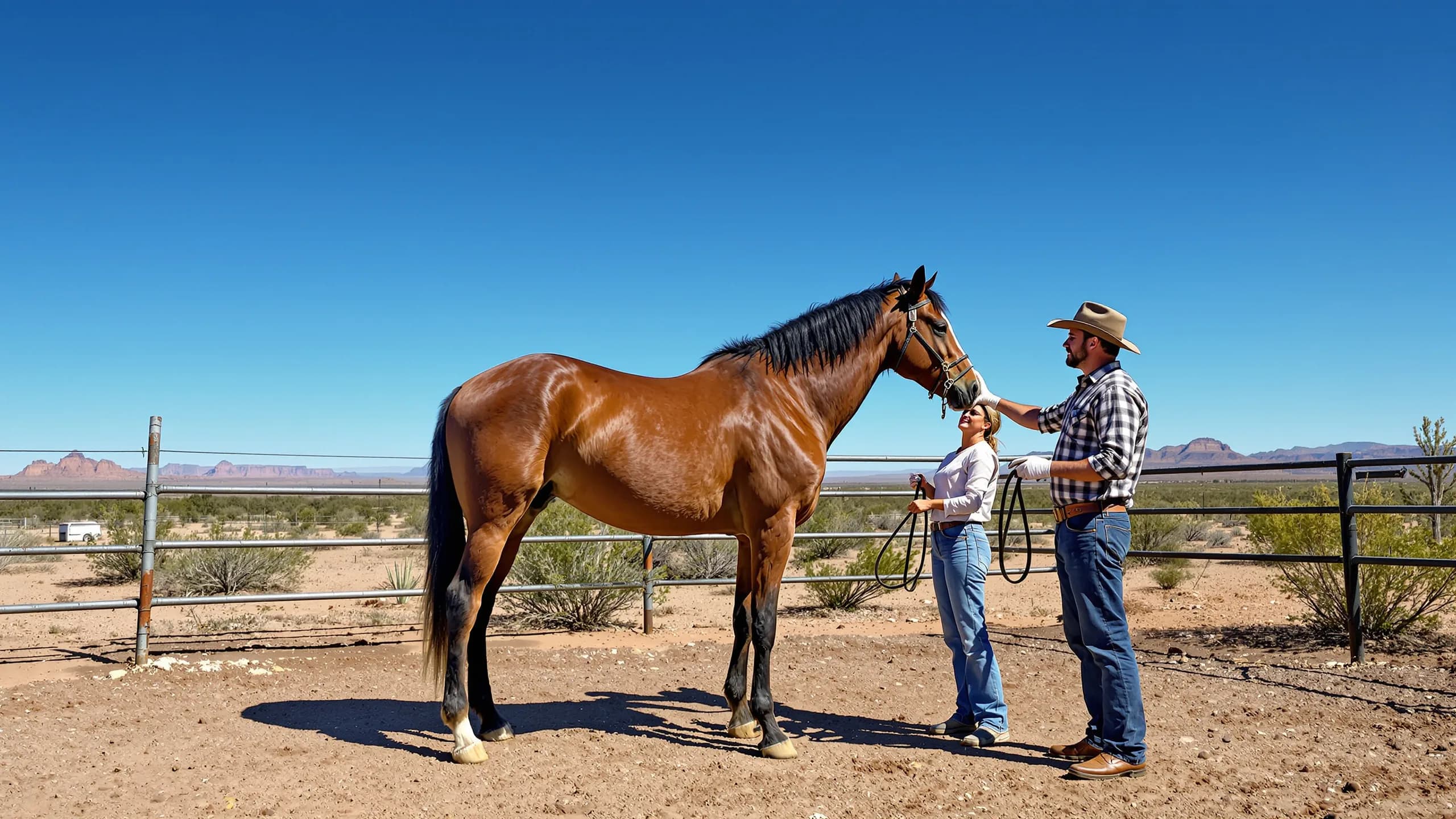 A veterinarian in gloves examining a horse's neck in a dusty West Texas corral in Presidio County, with Chihuahuan desert mesas in the background