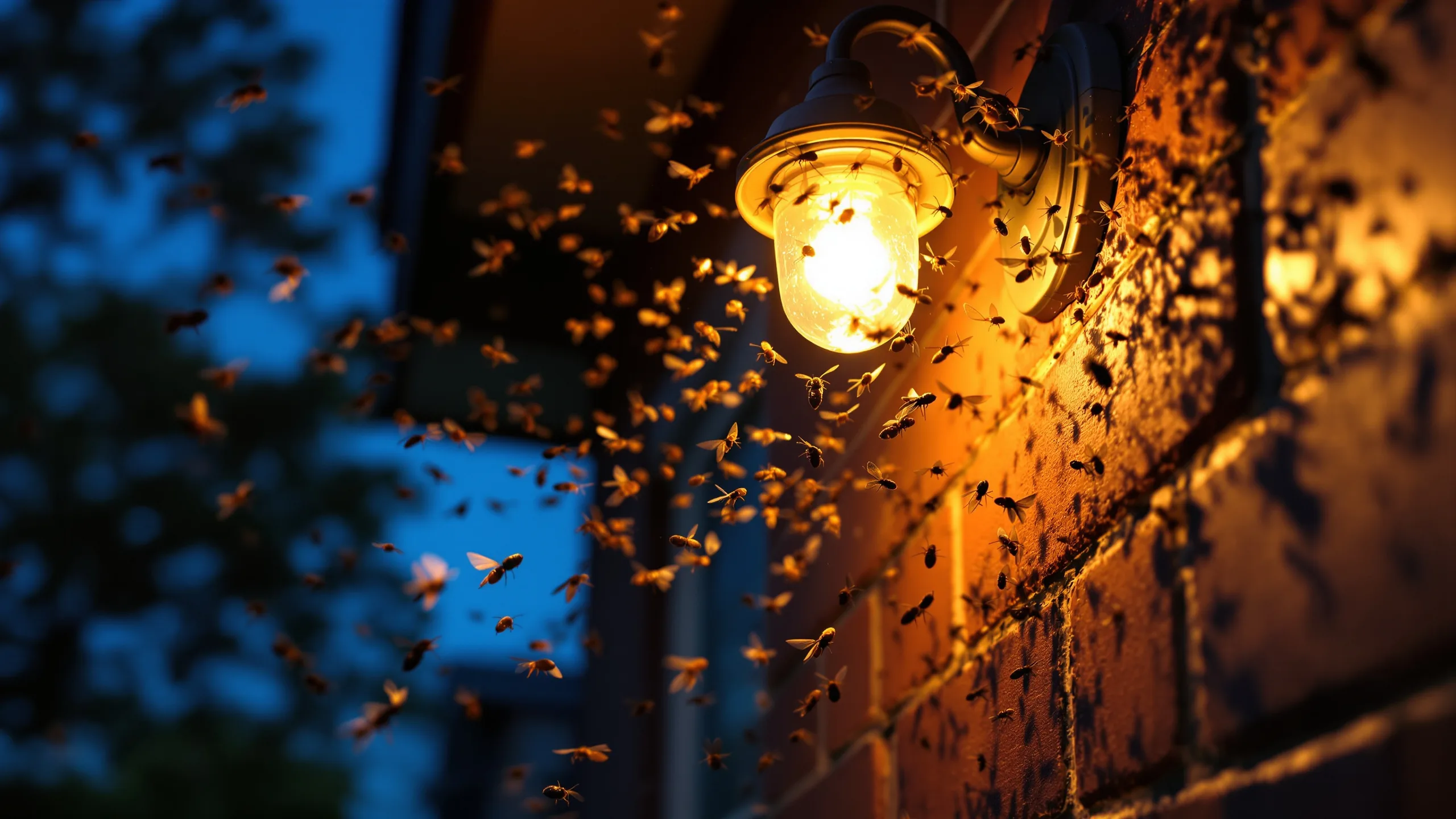 Winged drywood termite swarmers clustered around a porch light on a Texas home at dusk