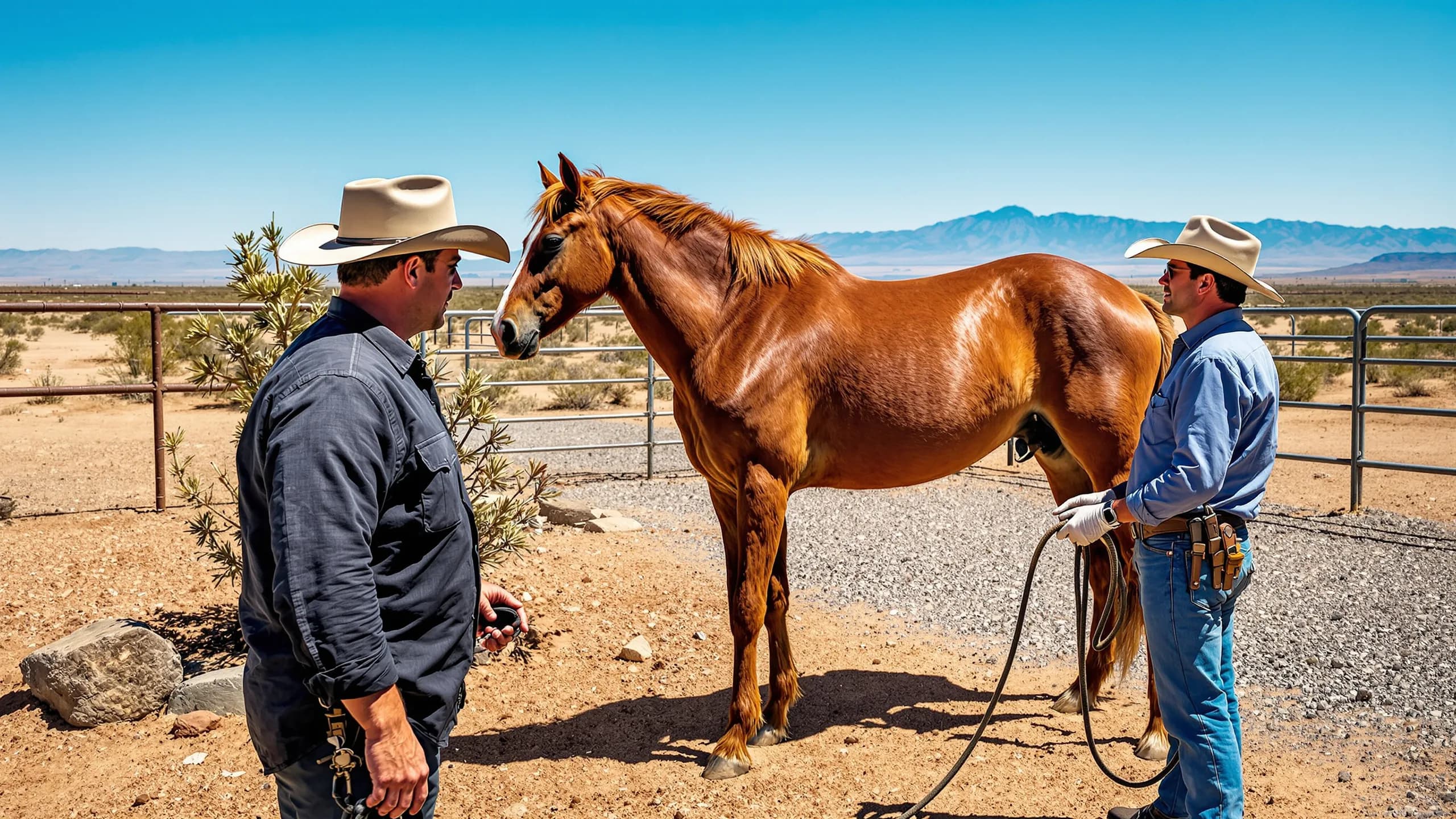 A veterinarian in gloves examining a horse's leg in a dusty southwestern New Mexico corral, with arid rangeland and distant mountains in the background