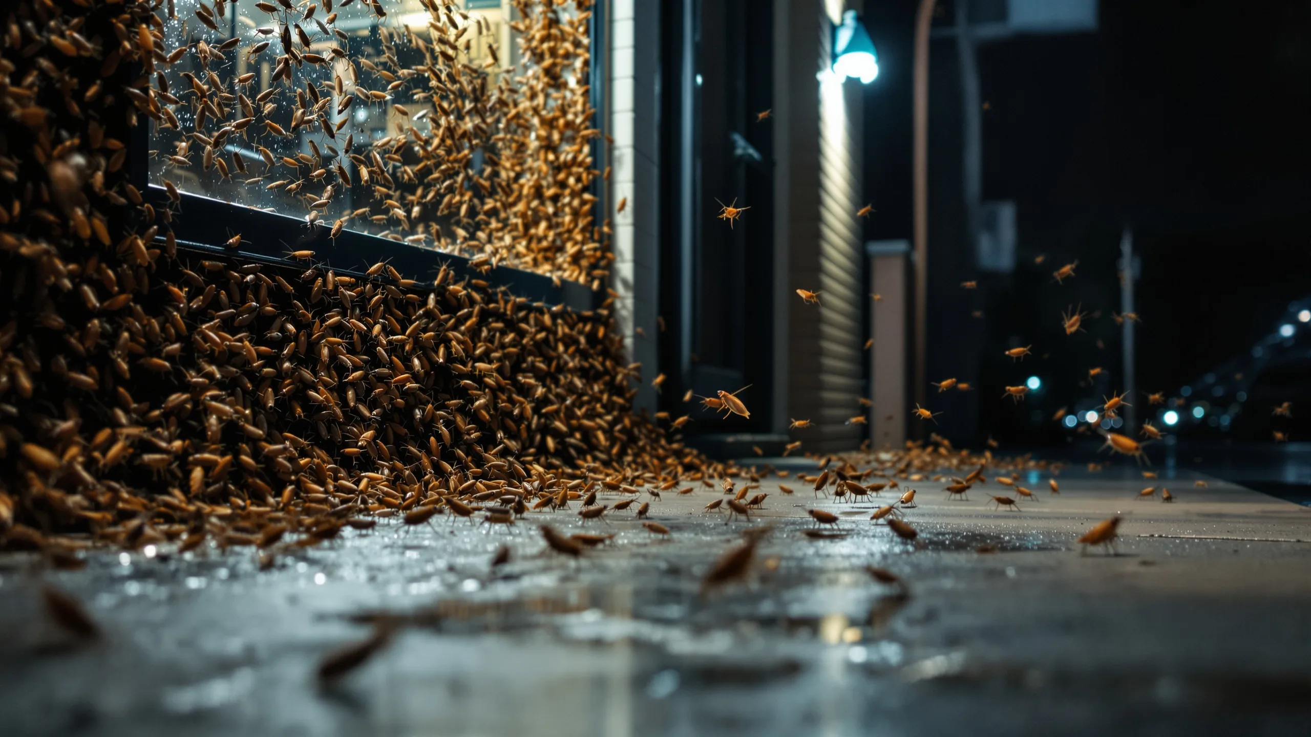 Field crickets clustered around the bright exterior light of a Texas storefront at night
