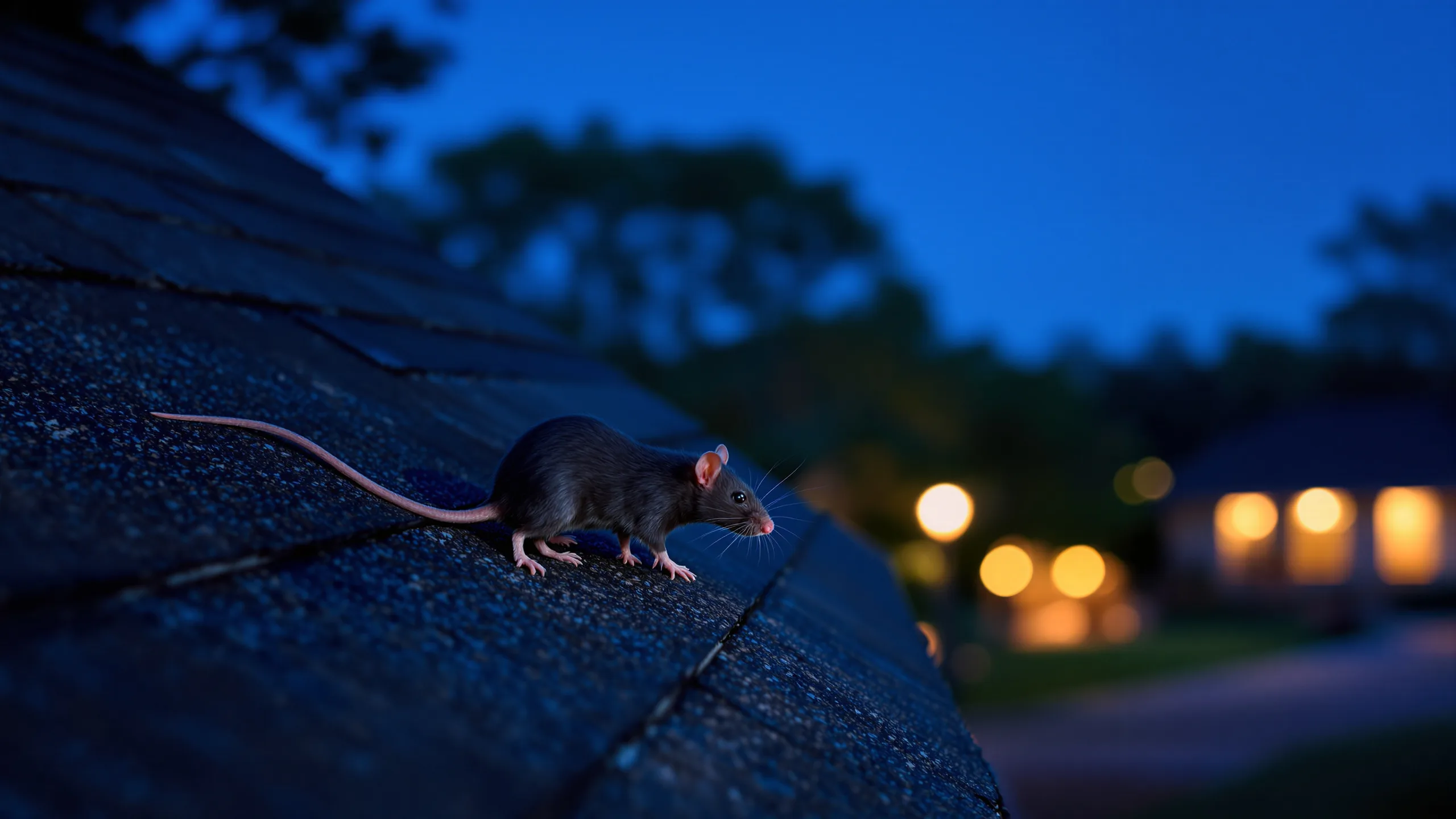 A roof rat on the edge of a Texas home's roofline at dusk, with soffit vents and tree branches nearby