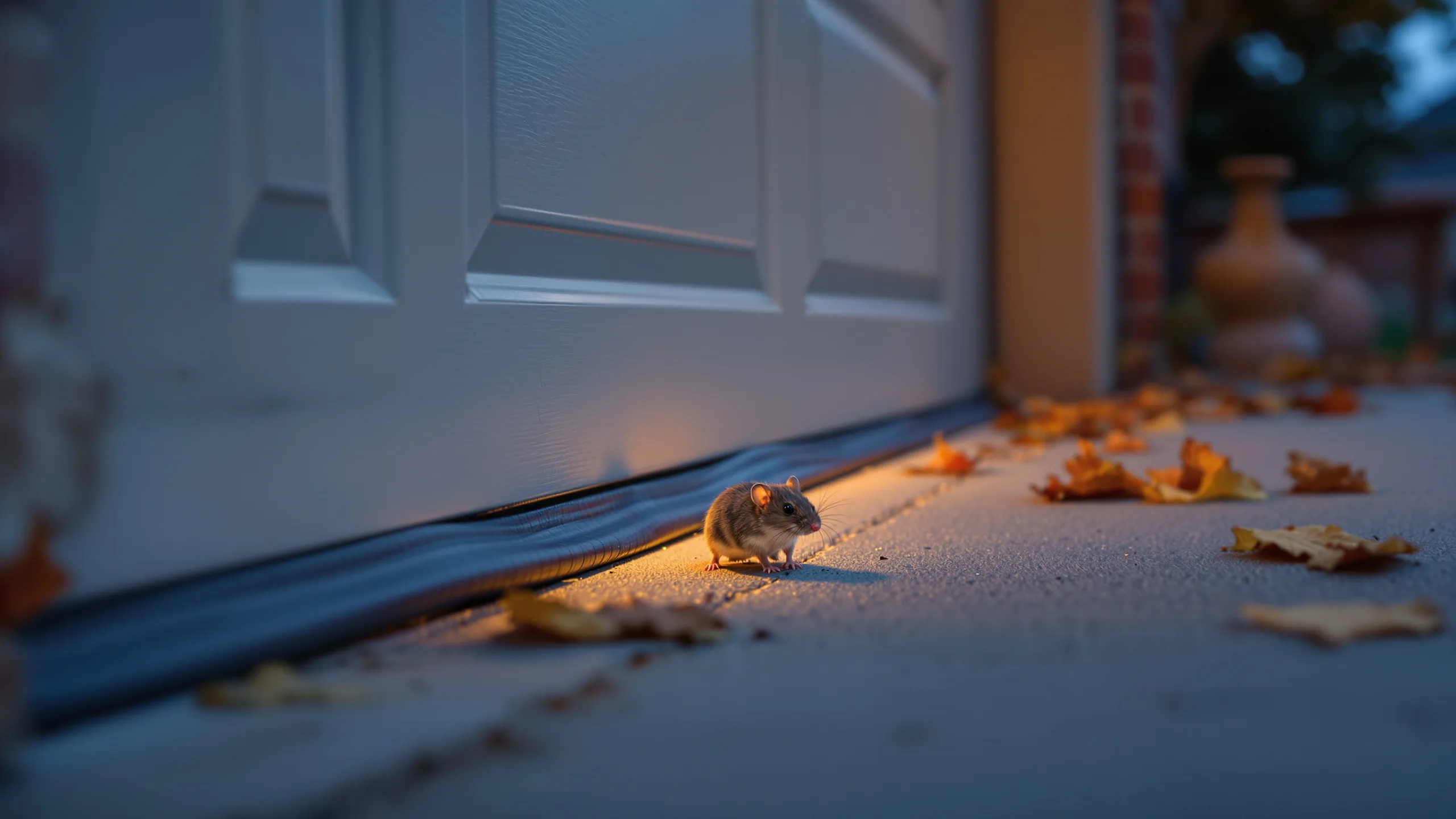 A Texas brick home at dusk in late fall with warm light in the windows and pests moving toward gaps along the foundation