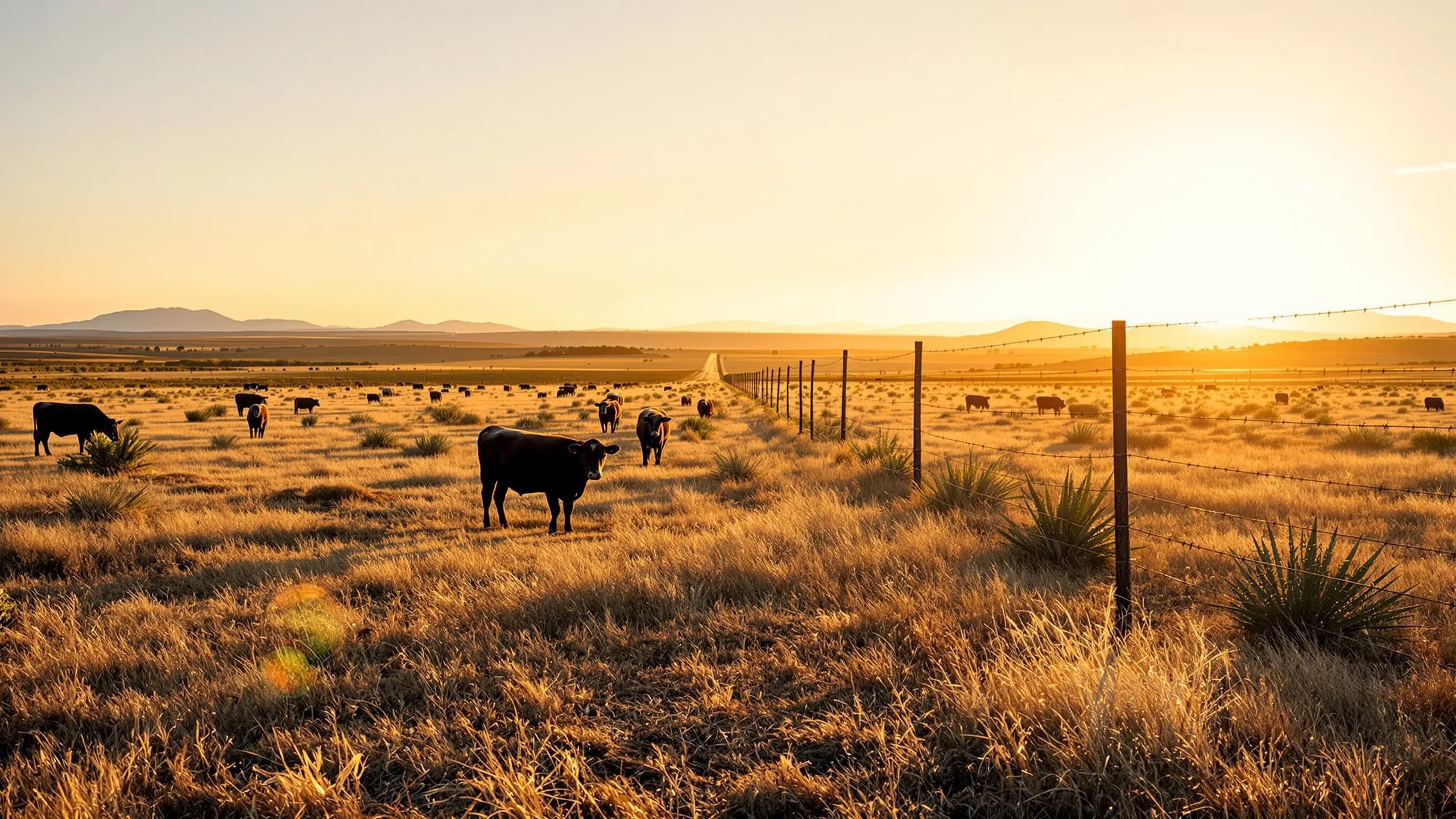 Texas rancher inspecting a calf in a dusty West Texas pasture at dusk, with sterile-fly release country stretching to the horizon