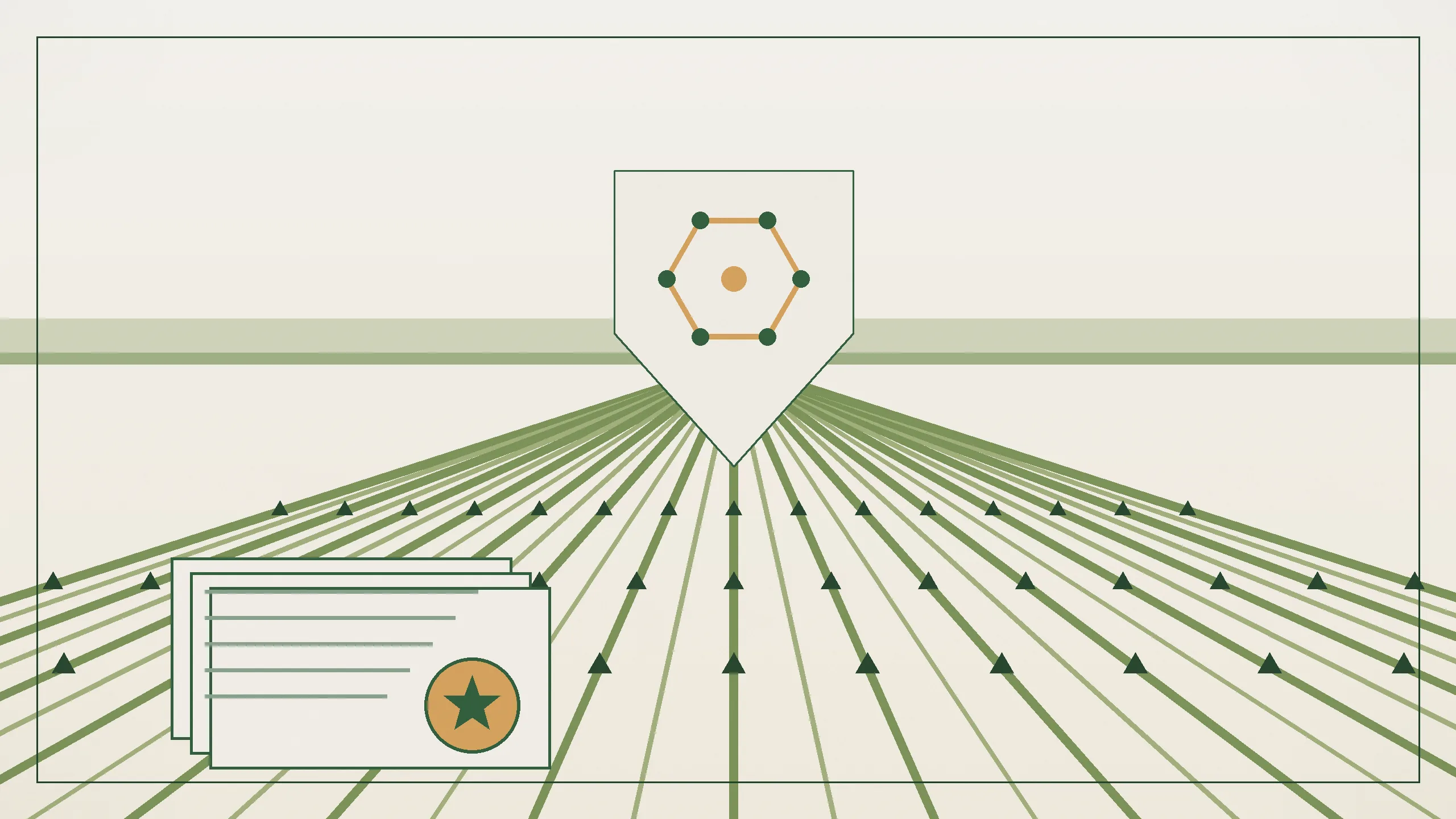 Minimal editorial illustration of a shield and molecular structure above geometric Texas crop rows in earthy green and amber tones