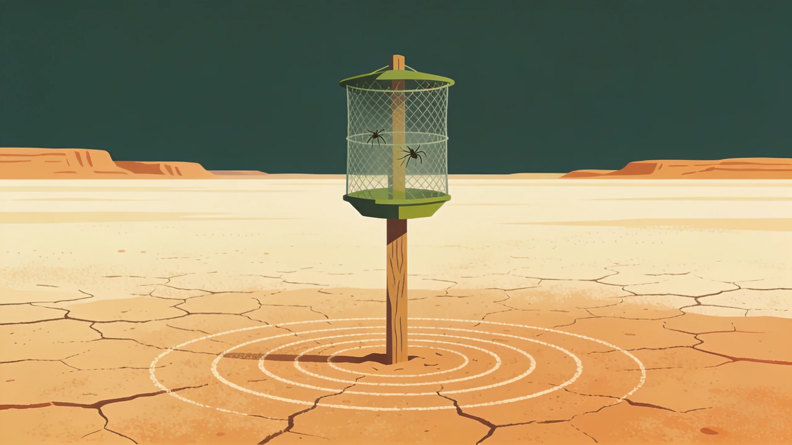 Minimal editorial illustration of a mesh screwworm surveillance trap on a post above dry Big Bend ranchland, with concentric rings spreading across the soil