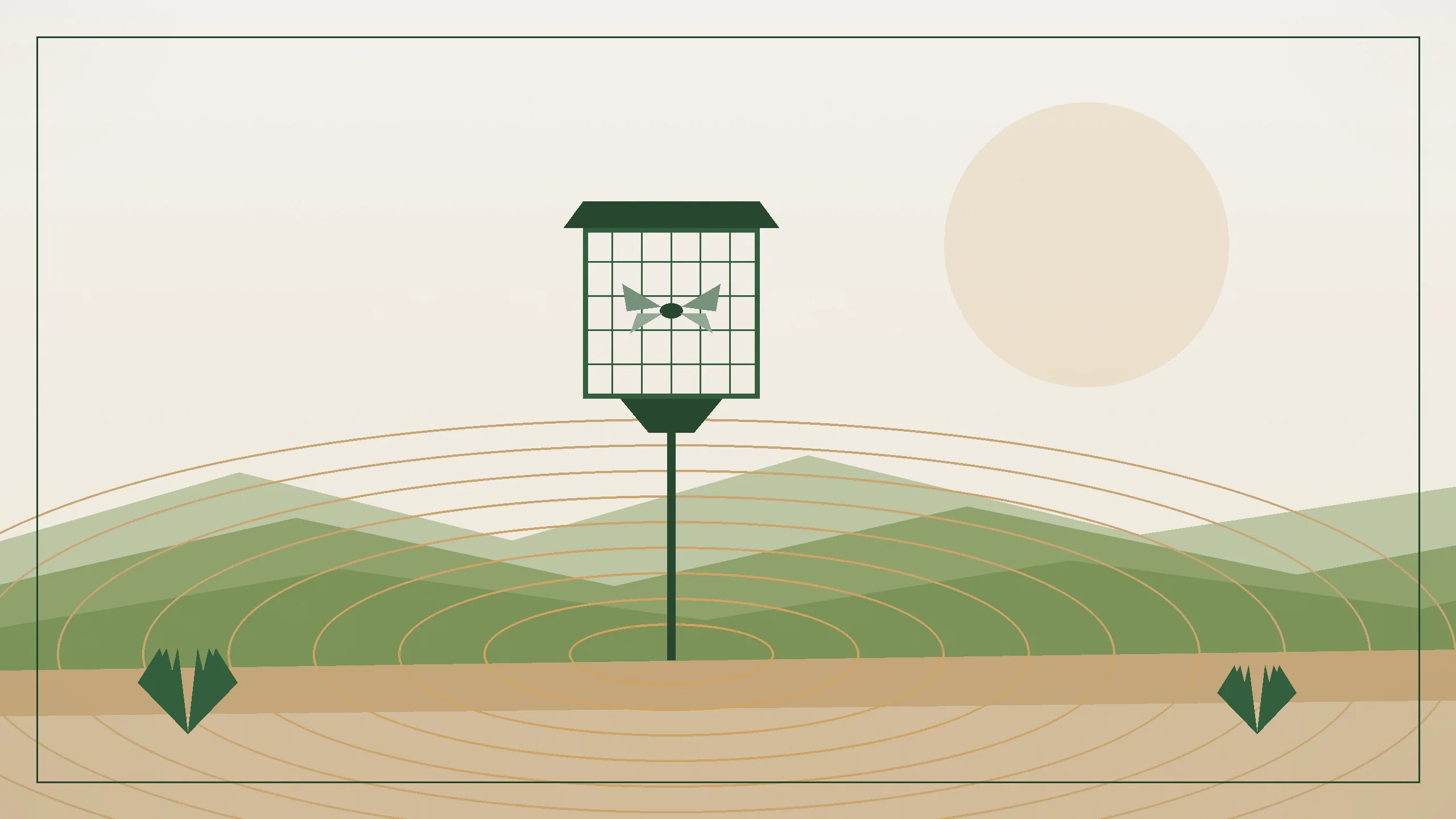 Minimal editorial illustration of a mesh screwworm surveillance trap on a post above dry Big Bend ranchland, with concentric rings spreading across the soil