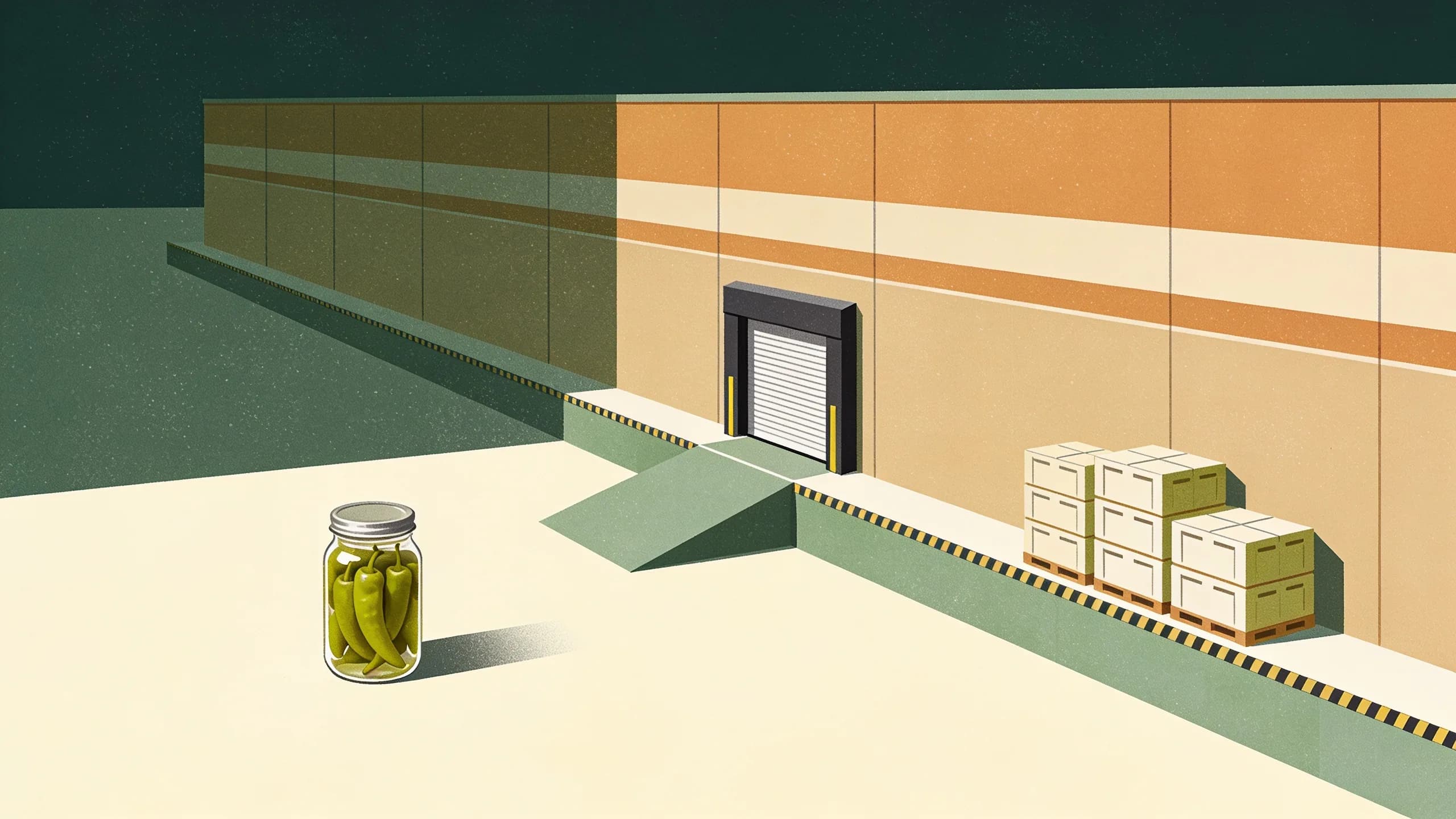Minimal editorial illustration of a glass jar of green peperoncini on a cream surface beside a geometric food-warehouse wall with a sealed perimeter gap