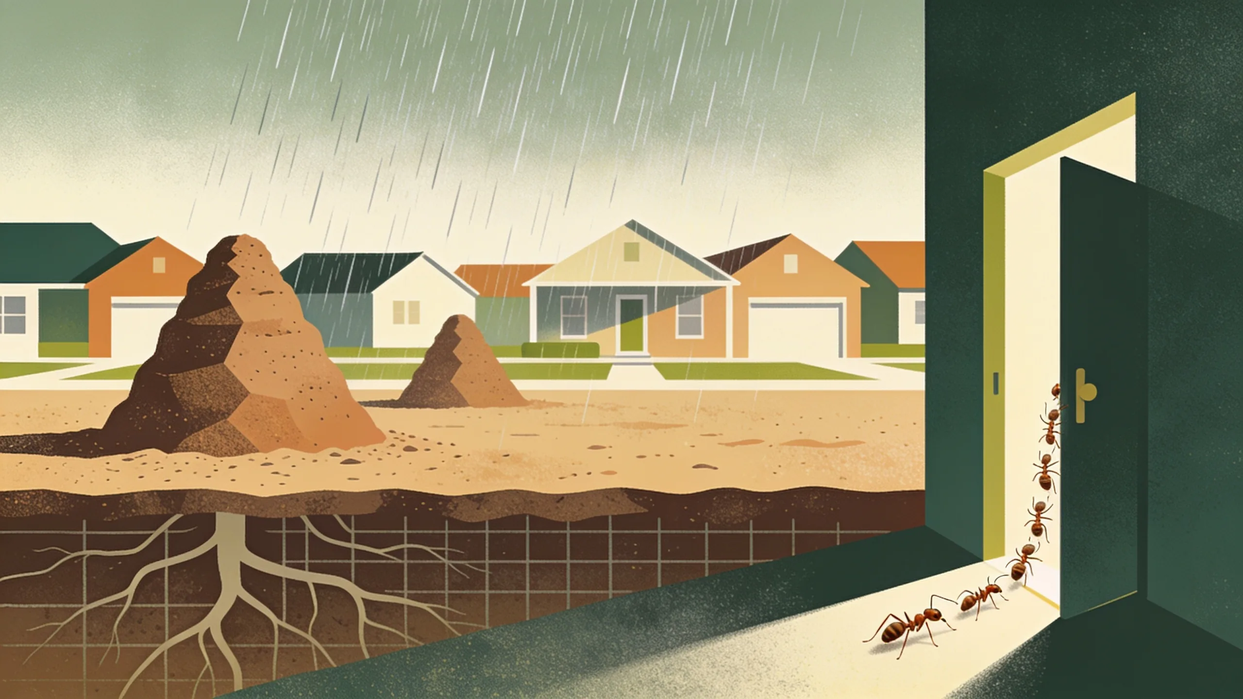Minimal editorial illustration of geometric fire ant mounds rising from a Texas lawn as a rain front moves over rowed houses