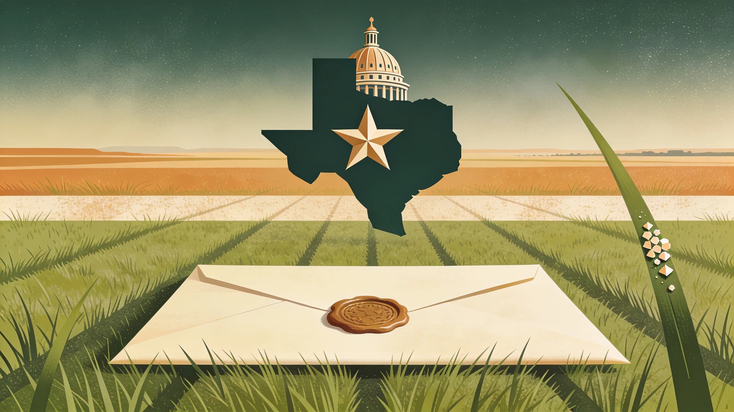 Minimal editorial illustration of a Texas capitol dome, a lone star and a sealed document resting on geometric rows of pasture grass