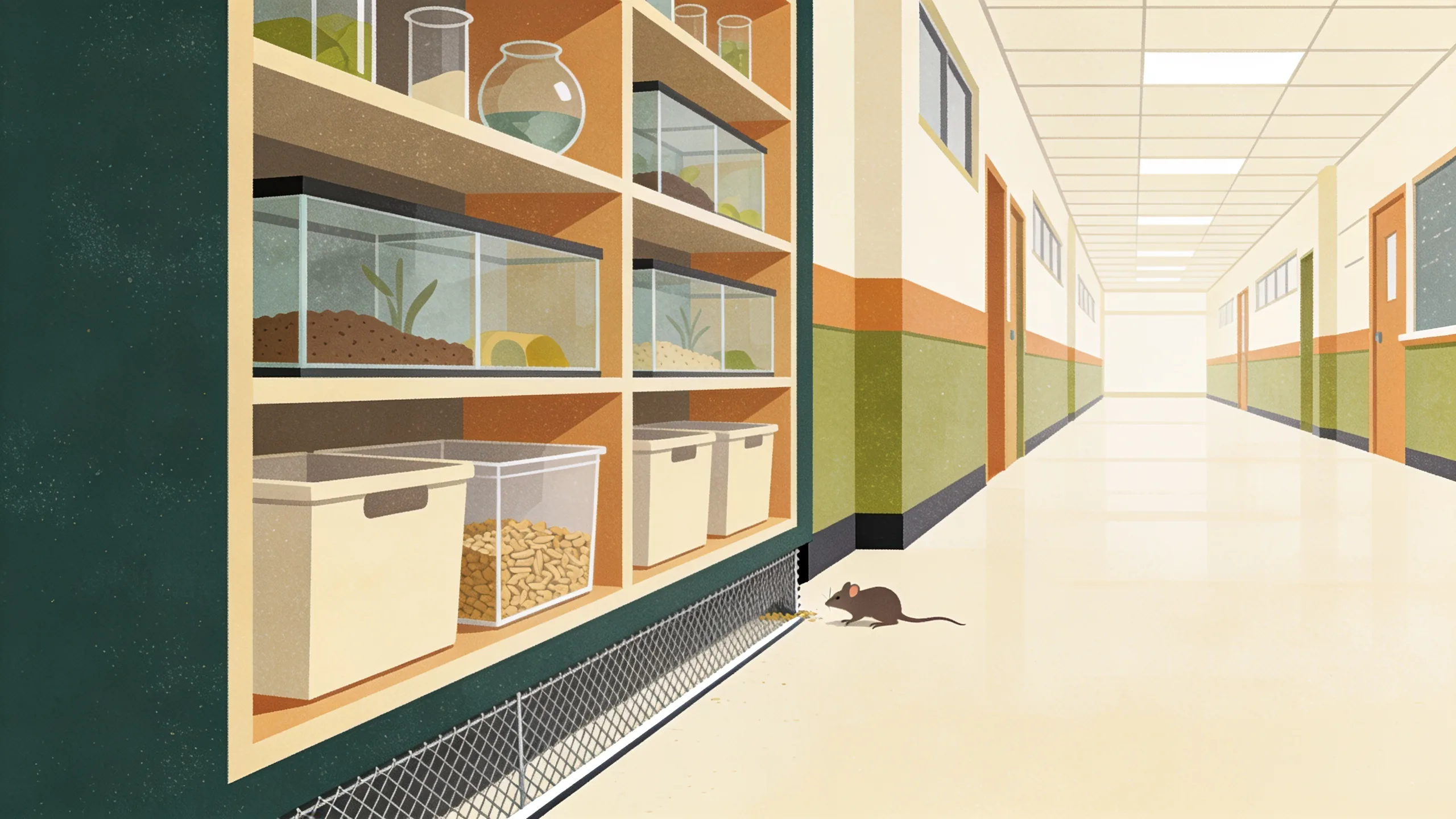 Minimal editorial illustration of a school science classroom cross-section with shelving, feed bins and a small rodent silhouette near a baseboard