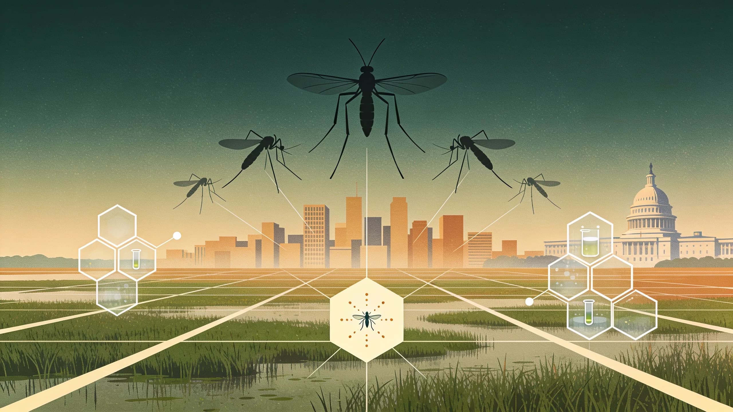 Minimal editorial illustration of abstract mosquito silhouettes over a geometric city grid and marshland with a sterile-insect release motif in olive and amber