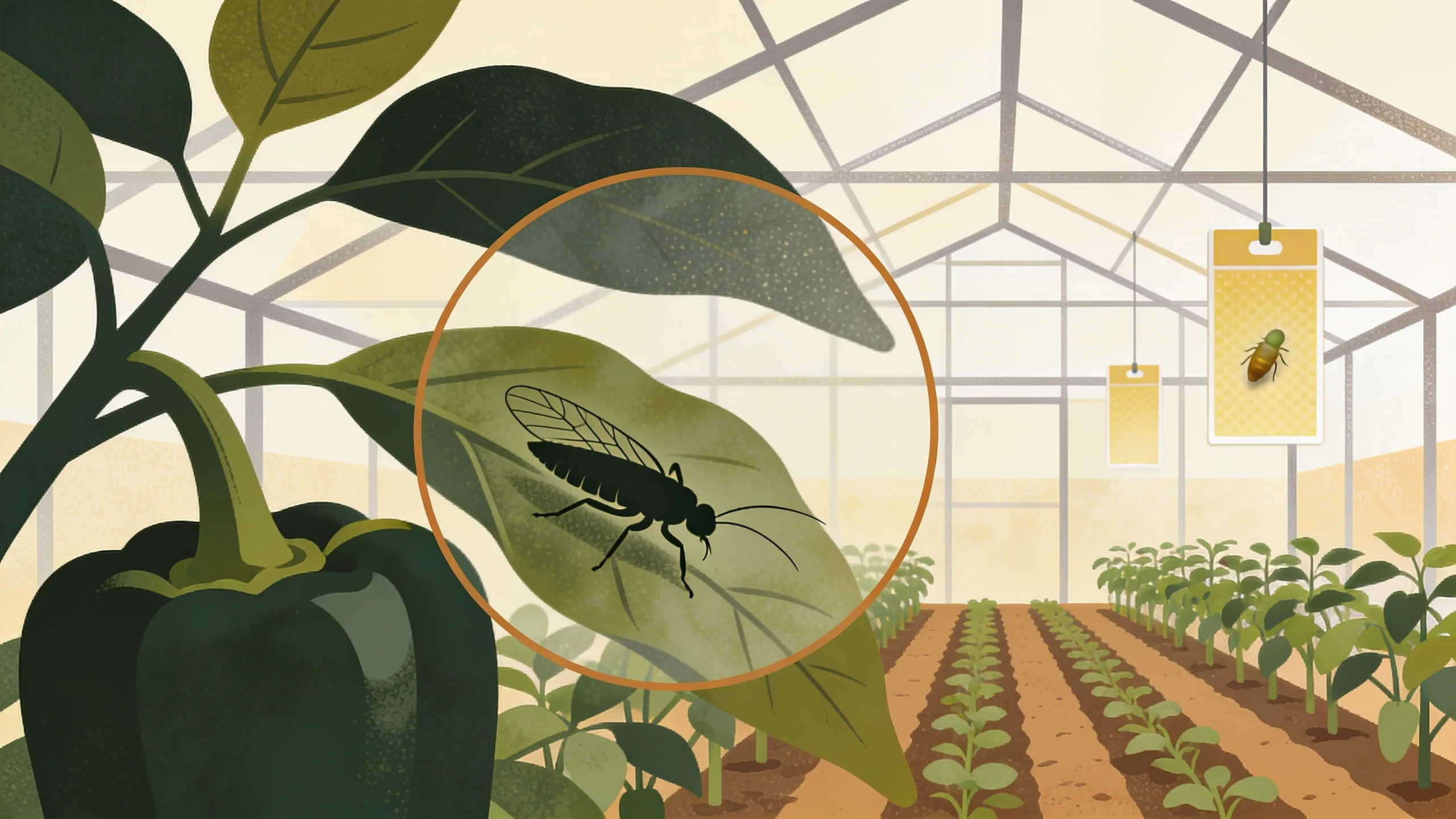 Minimal editorial illustration of a tiny thrips beside a pepper leaf and geometric greenhouse panes in olive and amber tones