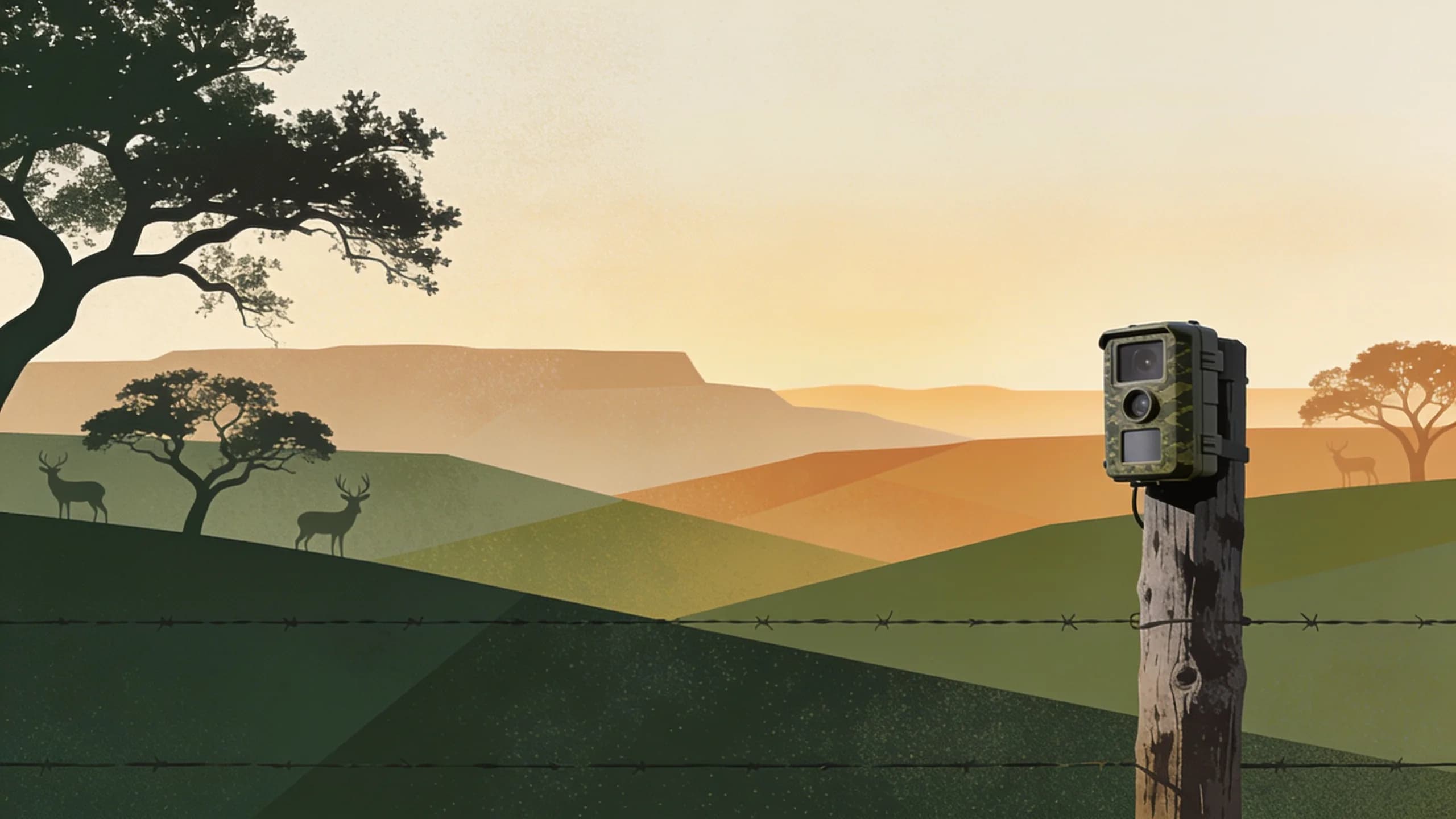 Minimal editorial illustration of Texas Hill Country at dawn with geometric oak and mesquite silhouettes, a trail camera on a fence post and abstract deer shapes in muted green and amber tones