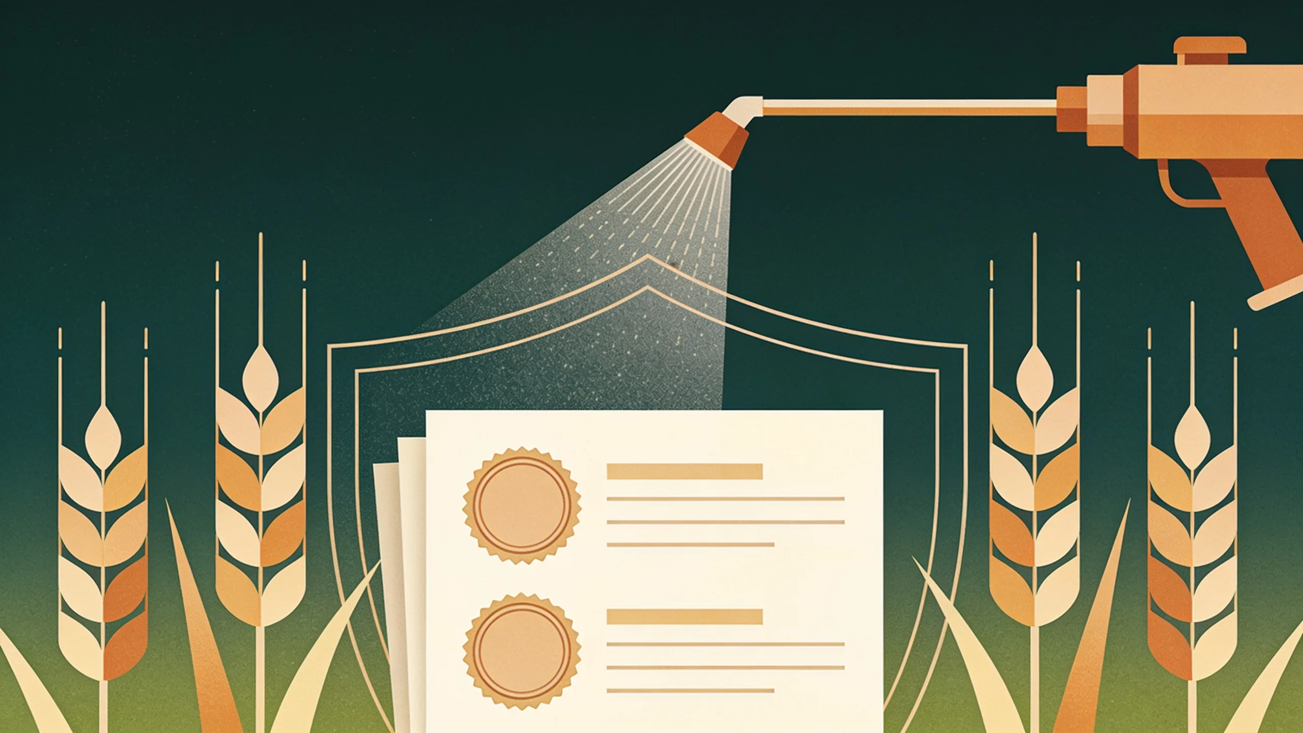 Abstract editorial illustration of a geometric spray nozzle above stylized wheat stalks, with a shield outline and stacked document pages marked by blank seal discs in ochre and cream tones