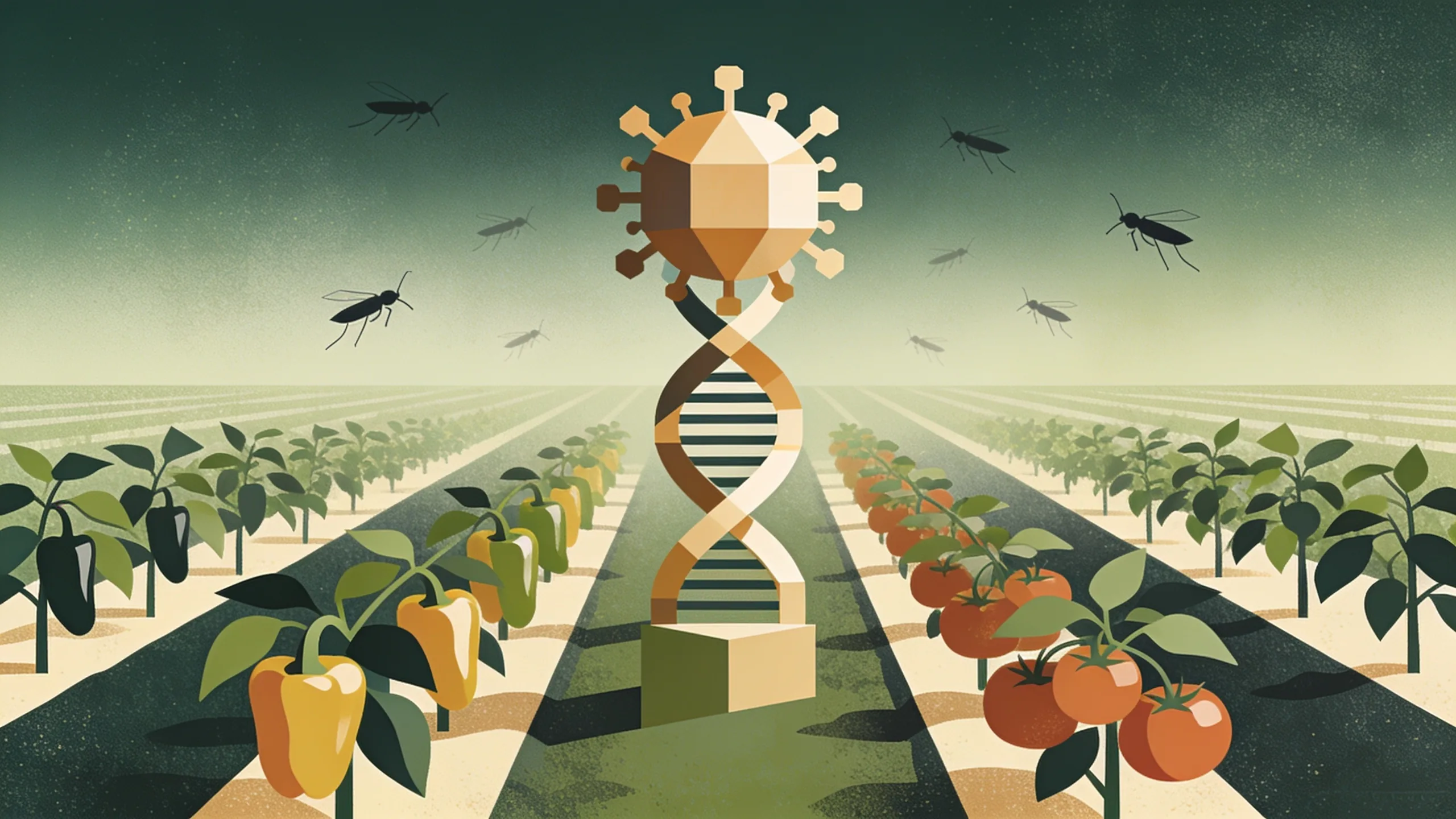Abstract editorial illustration of a geometric DNA helix rising between tidy rows of pepper and tomato plants, with small angular thrips shapes drifting above a muted green and sand field