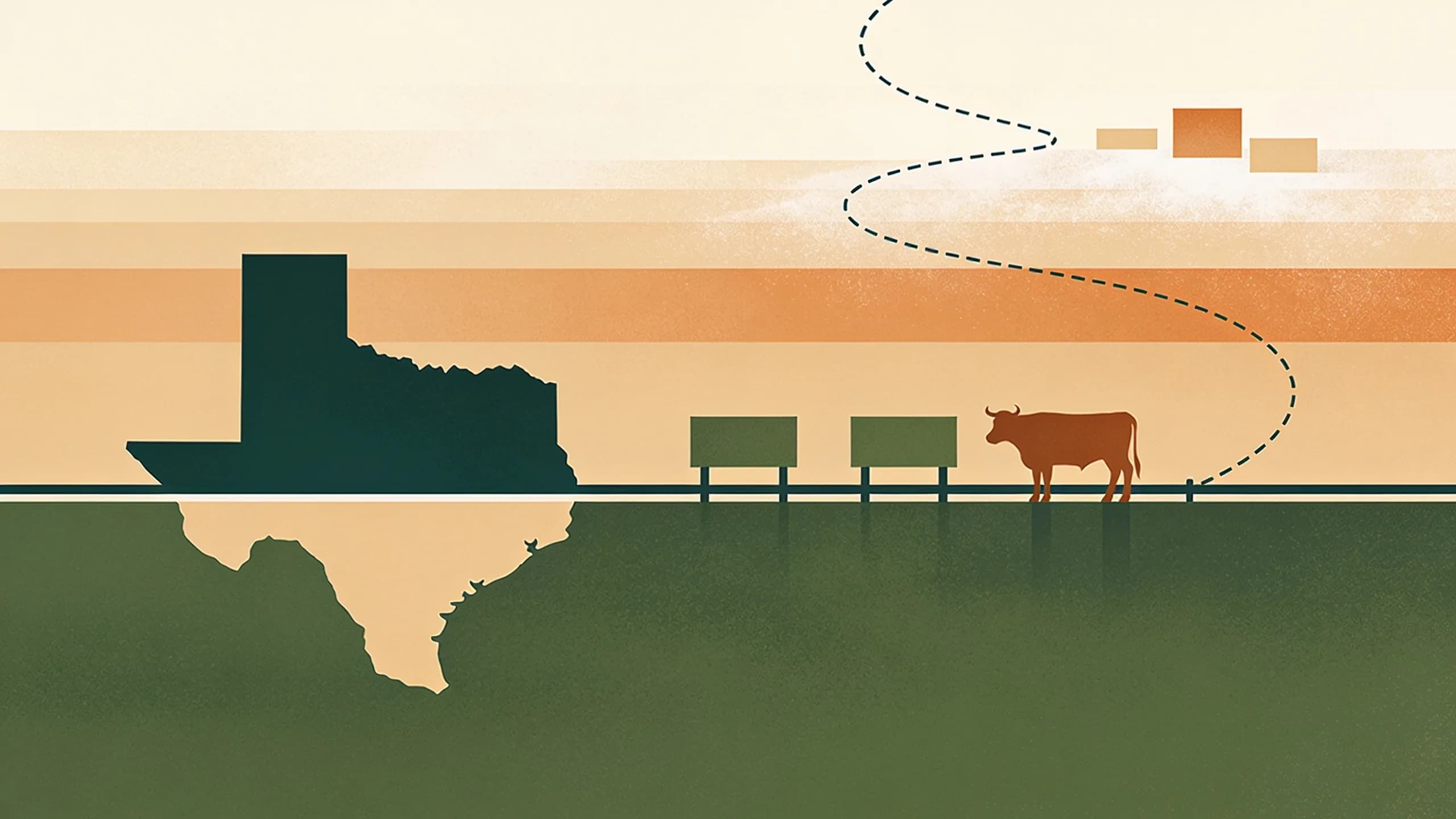 Minimal editorial illustration of a geometric map outline of Texas and a northern border line with abstract cattle silhouettes and a dashed quarantine path in muted olive and sandy tan tones