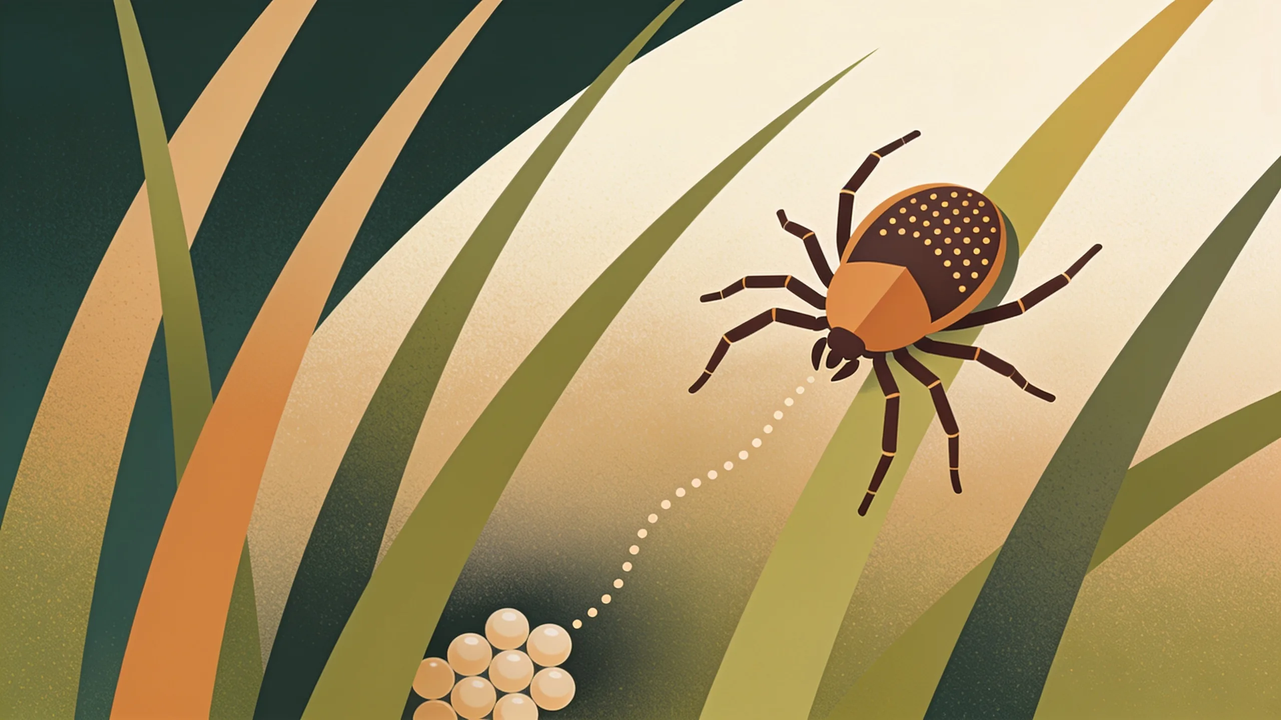 Minimal editorial illustration of a geometric tick silhouette with a dotted shell pattern resting on blades of tall grass, warm sand and deep forest green palette with soft cream background