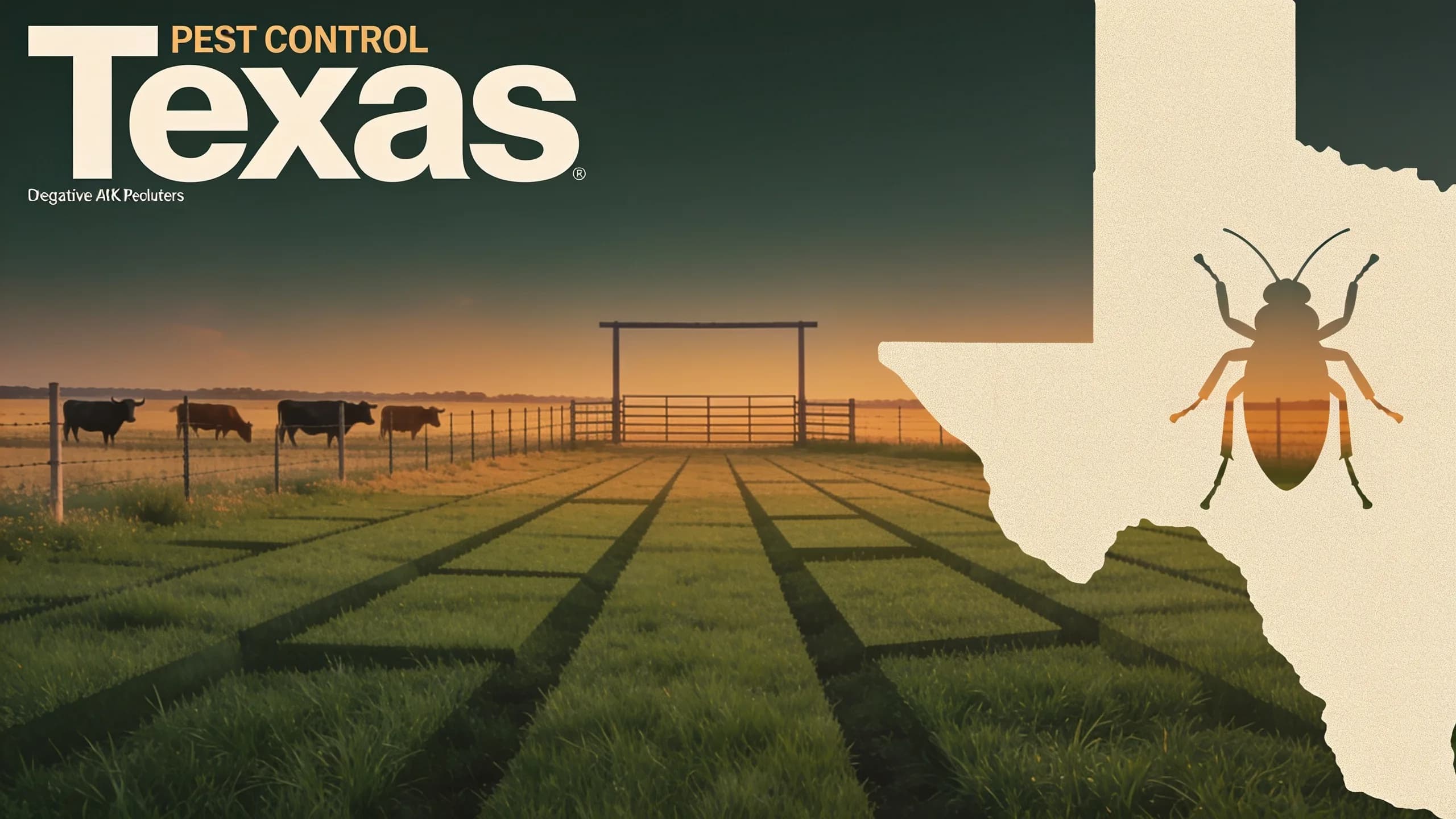 Geometric illustration of a Texas pasture with abstract cattle and pest-monitoring markers in earthy green and tan tones