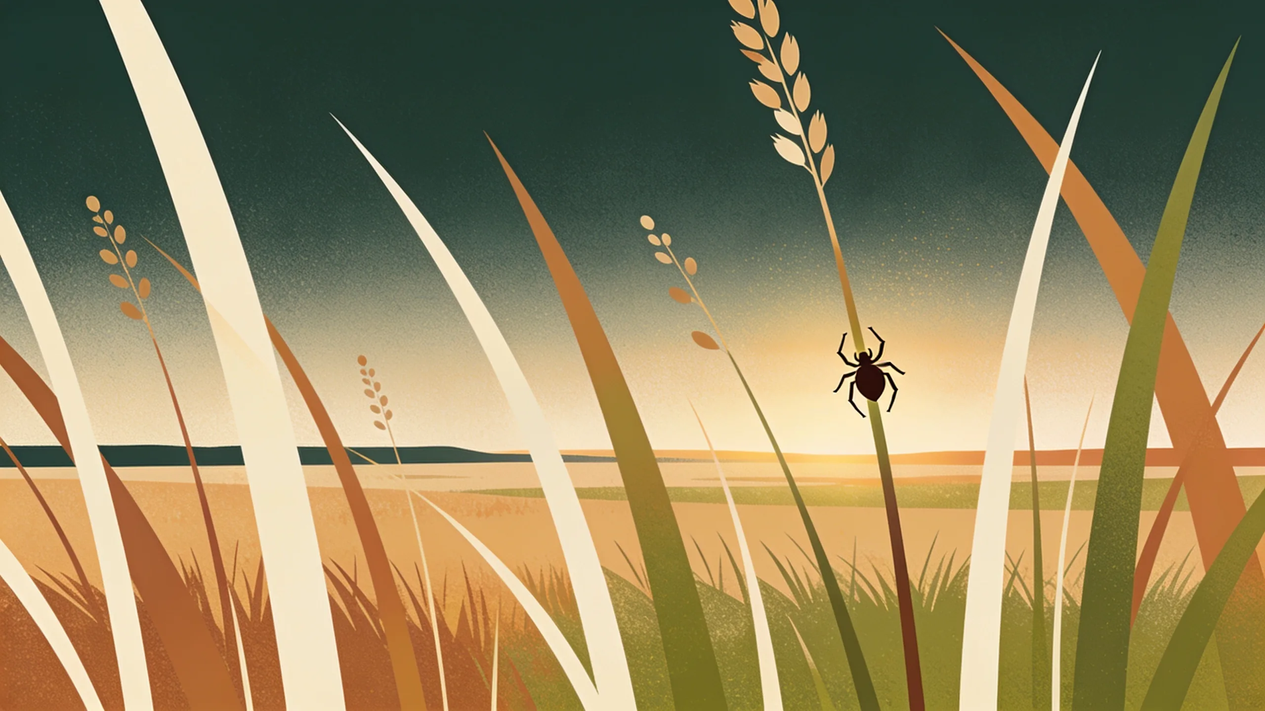 Minimal editorial illustration of tall grass and an abstract tick silhouette against warm fall light in muted olive and tan