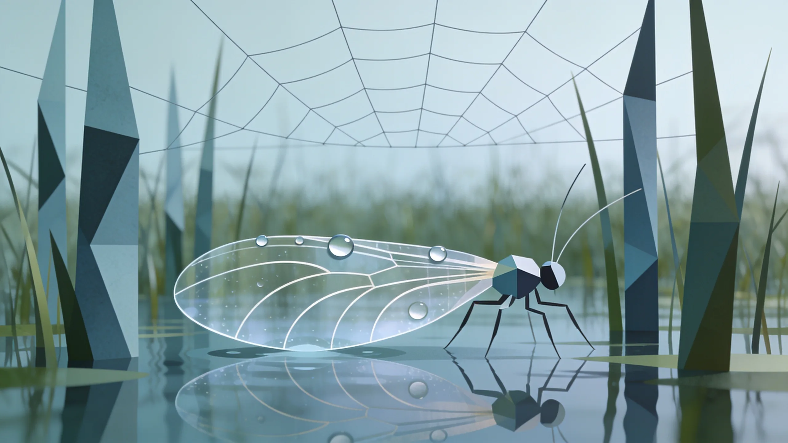 Minimal editorial illustration of water droplets, an abstract mosquito wing and a geometric net over a marsh landscape in muted olive green and warm amber