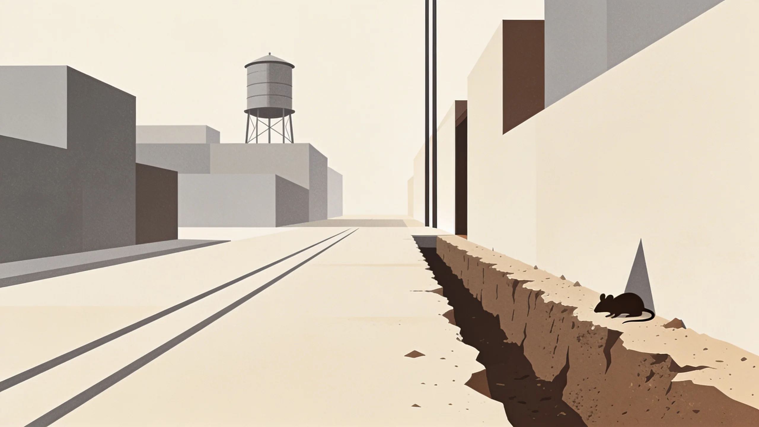 Minimal editorial illustration of abstract city blocks, a water tower and geometric alley shapes in muted olive green and sandy tan with a small rodent silhouette