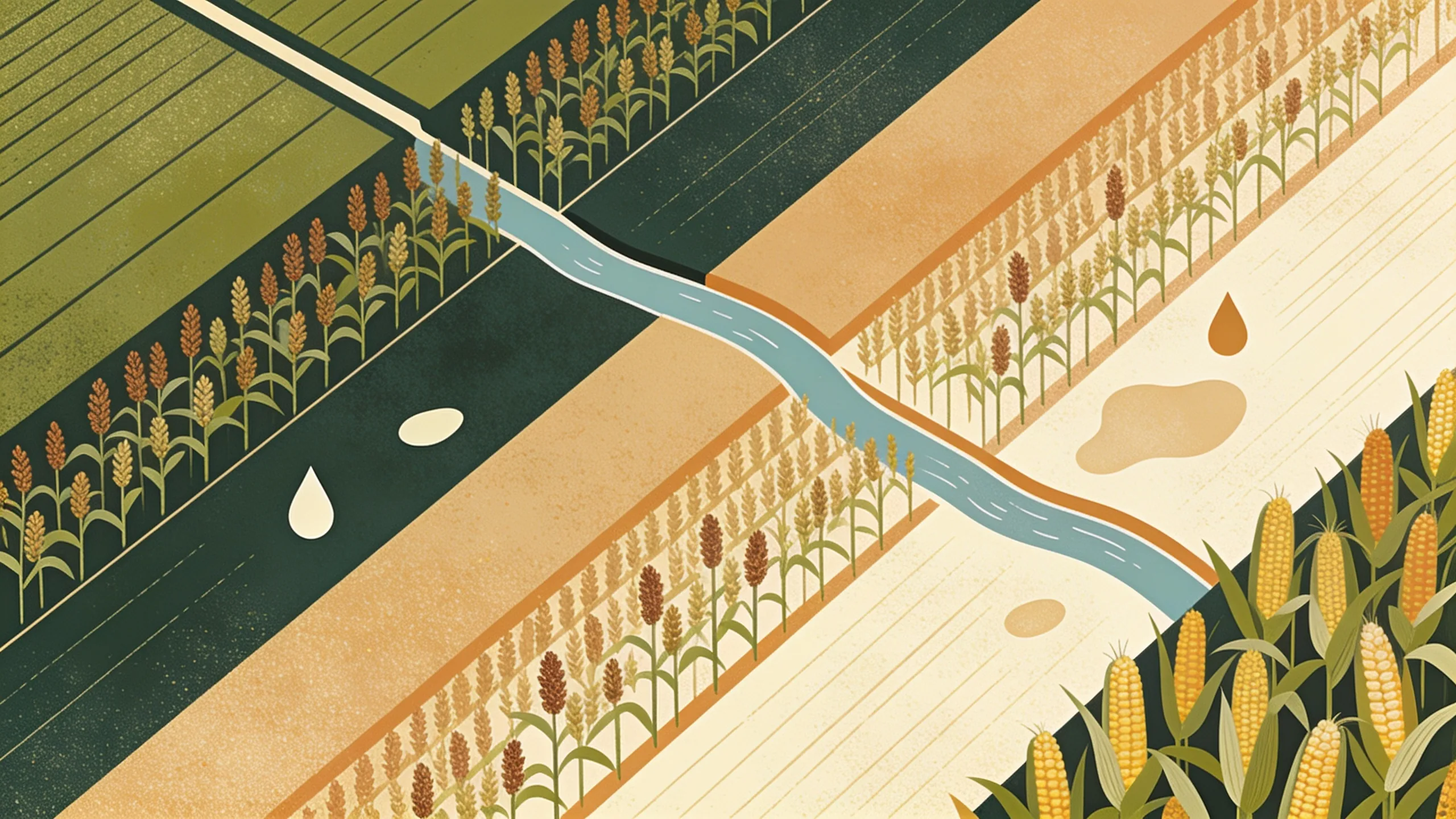 Minimal editorial illustration of geometric farm field rows draining toward a stylized river band in muted olive green, amber and cream