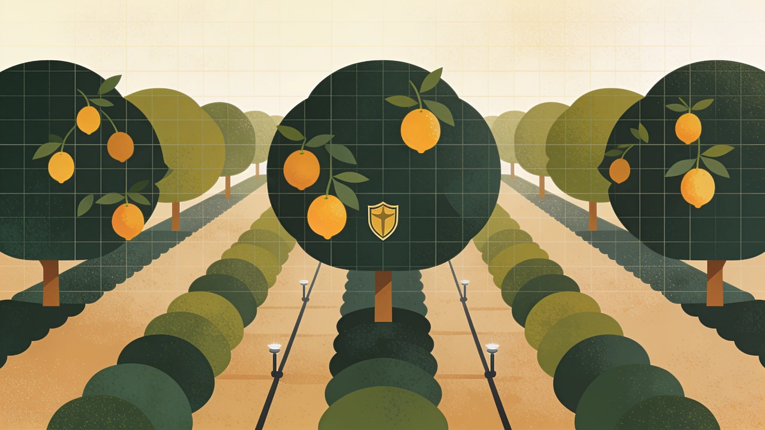 Minimal editorial illustration of geometric citrus orchard rows under a muted green shield emblem with abstract droplet shapes in forest green and sandy tan