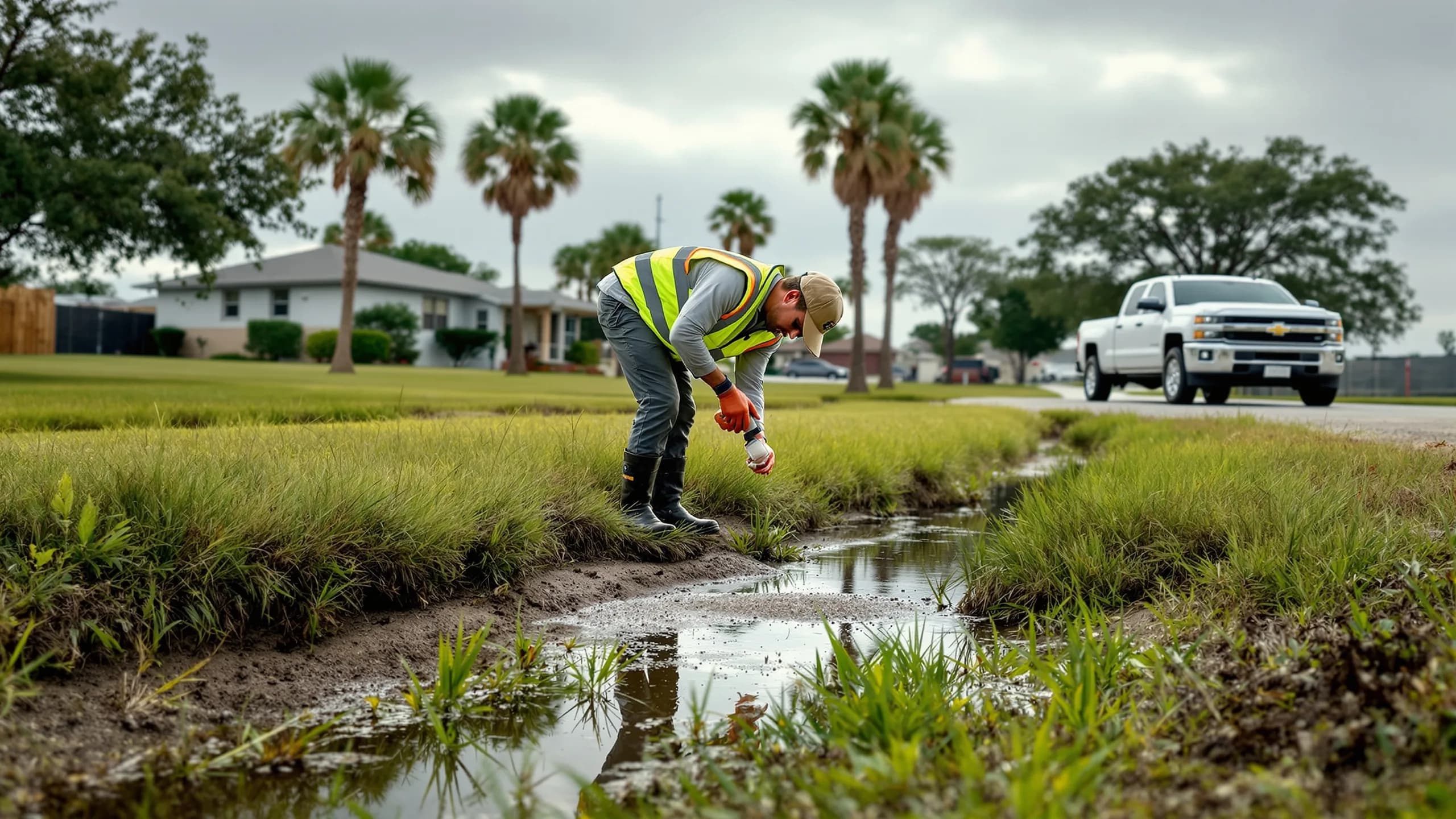 A Cameron County vector-control worker in a hi-vis vest applies larvicide to a grassy drainage ditch with standing water beside South Texas homes