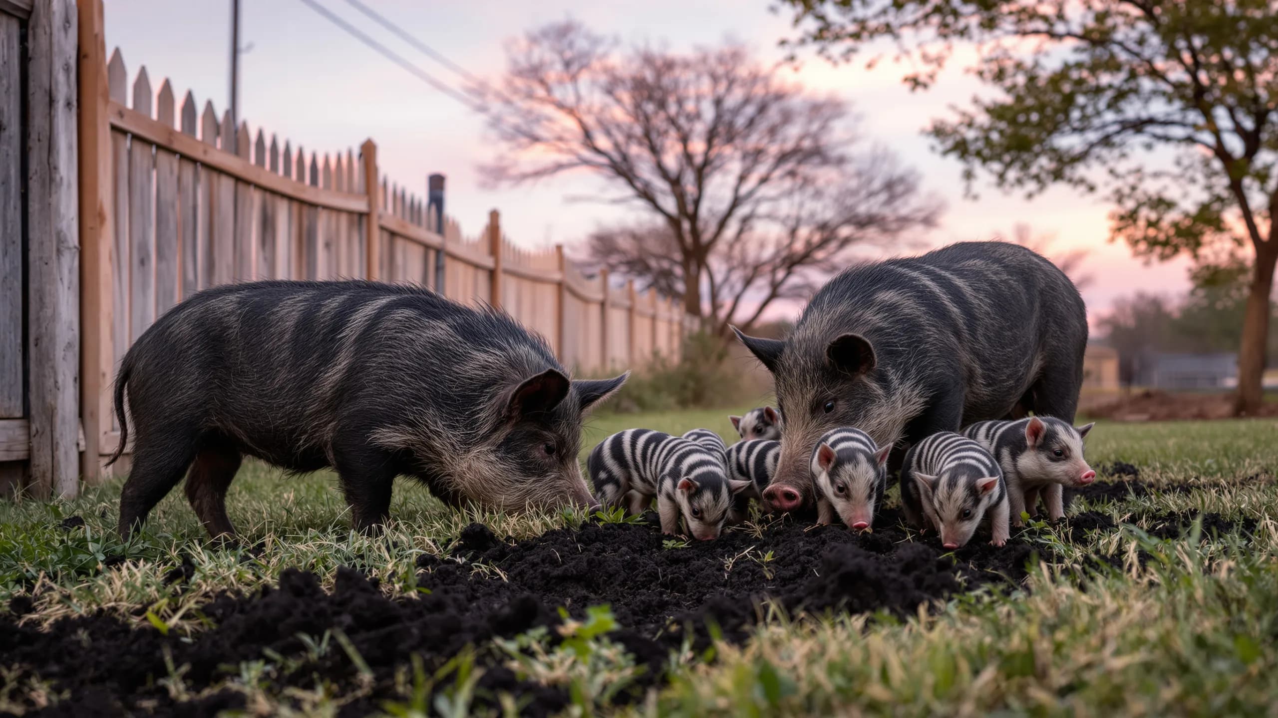 A sounder of feral hogs — two adults and striped piglets — rooting up a lawn at the edge of a Texas suburban property at dawn