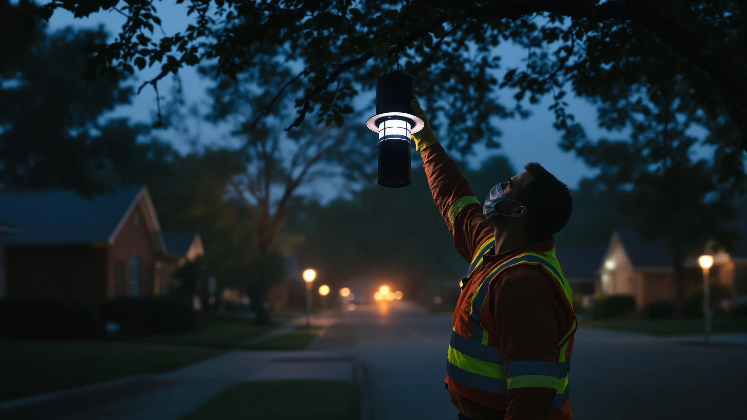 A Dallas County vector-control technician in a hi-vis vest checks a CDC mosquito light trap hanging from a tree in a residential neighborhood at dusk