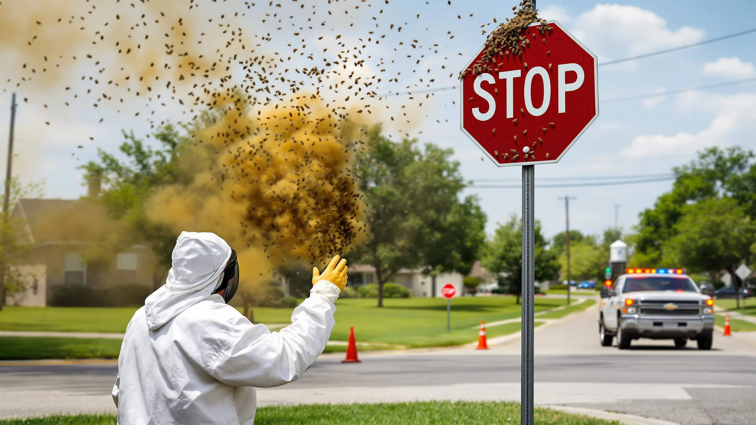 A beekeeper in a white protective suit approaches an agitated honey bee swarm clustered on a stop sign at a Texas street intersection, with a police vehicle blocking the road