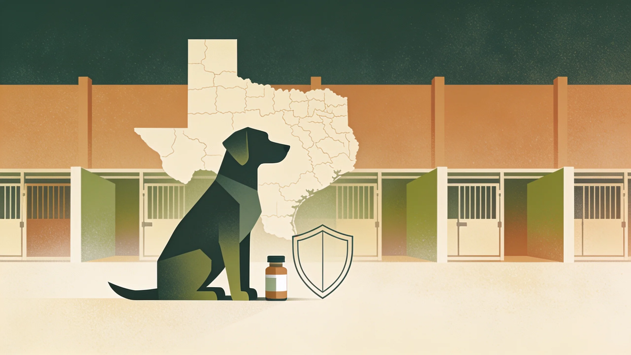 Minimal editorial illustration of a geometric dog silhouette beside a medicine bottle and shield outline in muted olive, amber and cream