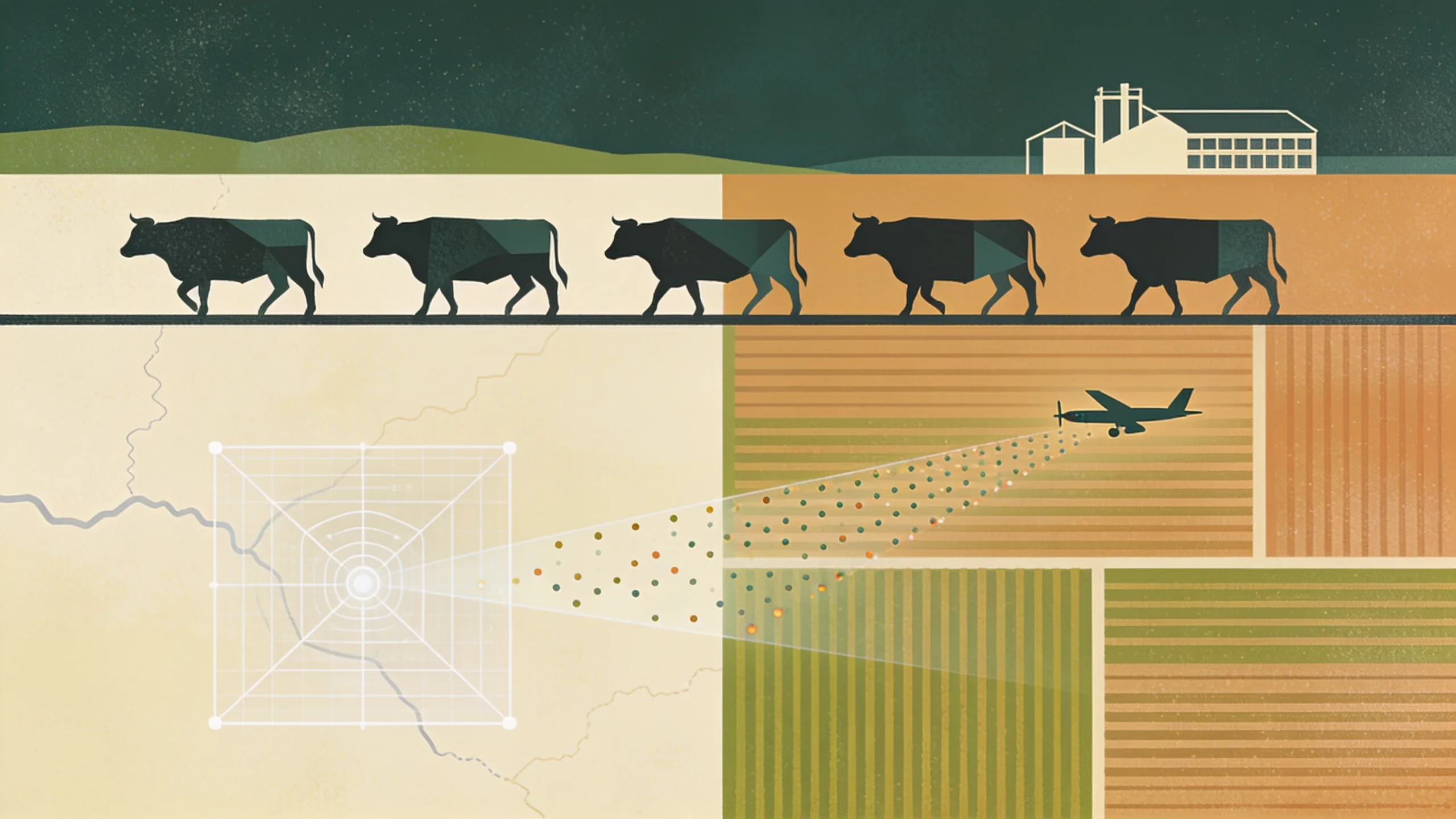 Minimal editorial illustration of geometric cattle silhouettes crossing an abstract border line with surveillance grid and farmland shapes in muted olive and amber