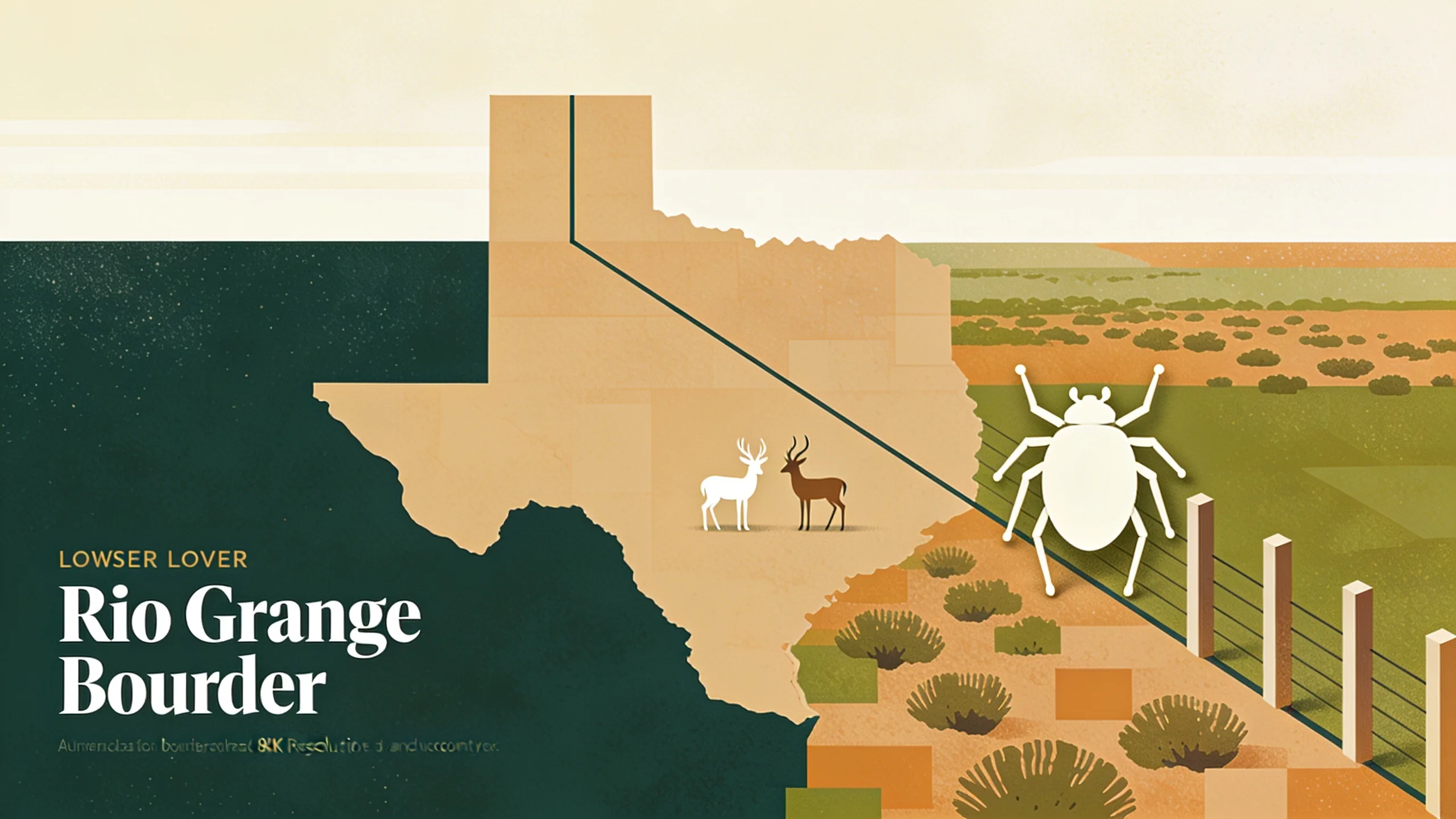 Illustration of a boundary line through South Texas rangeland with a deer and a nilgai antelope standing inside it beside an oversized geometric tick