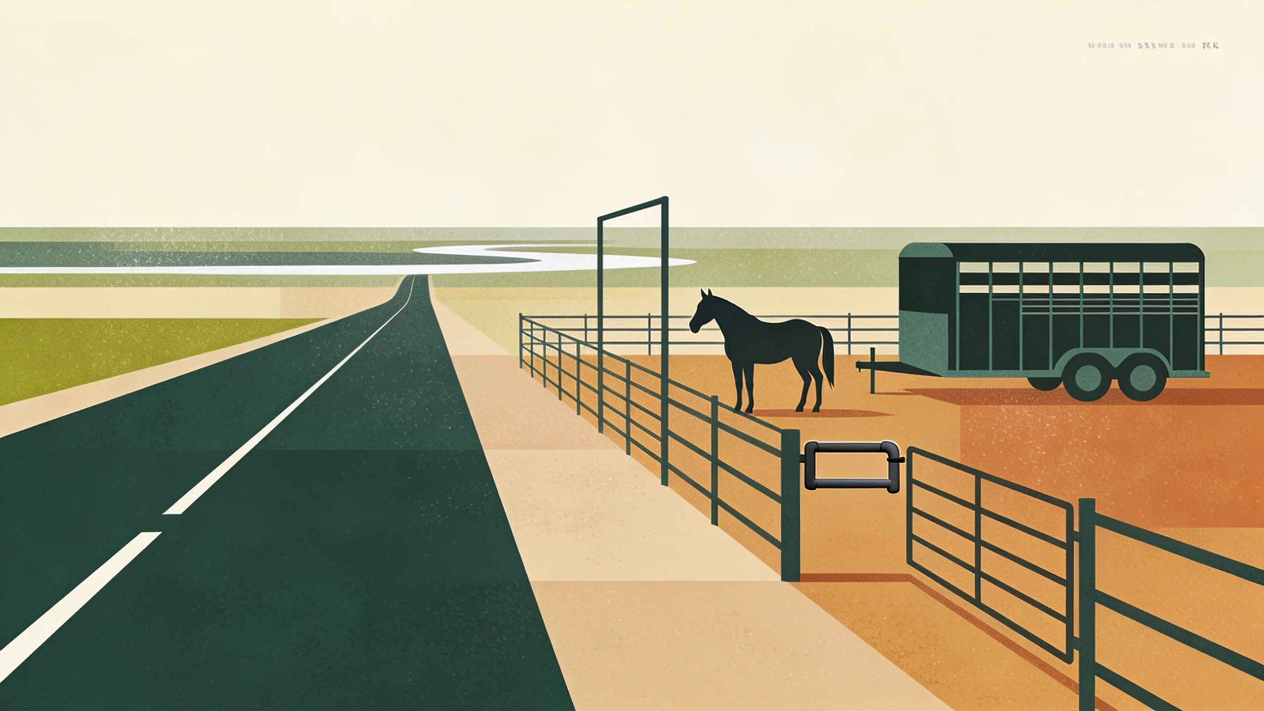 Illustration of a border livestock export pen with geometric horse silhouettes, a trailer and a gate arm beside a road running to the horizon