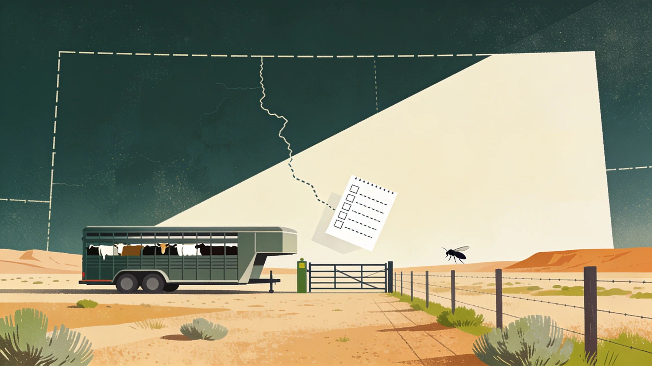 Editorial illustration of a geometric state border line with a cattle trailer halted at an inspection gate and a dashed permit document floating beside it