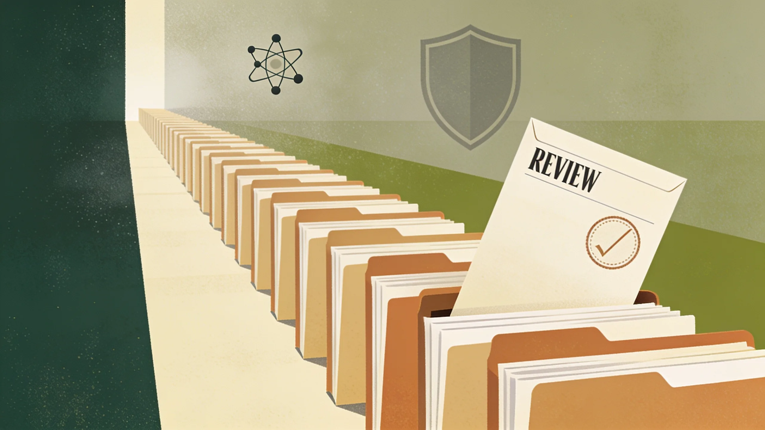 Editorial illustration of a long queue of identical paper review folders with a single folder lifted out of the row and stamped with a circular approval seal