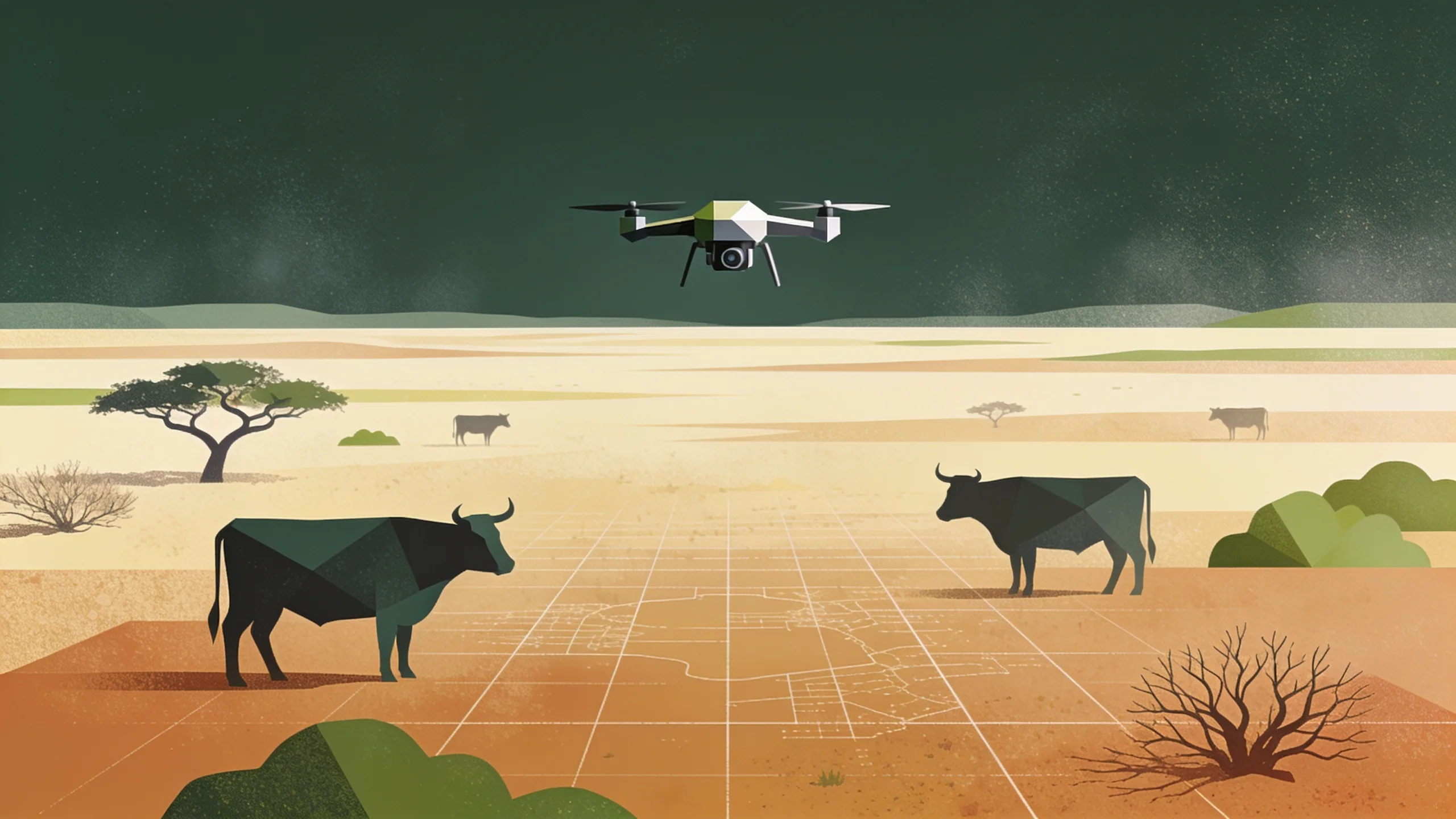 Minimal editorial illustration of a geometric drone silhouette above abstract South Texas ranchland with grid lines and cattle shapes in muted olive and amber