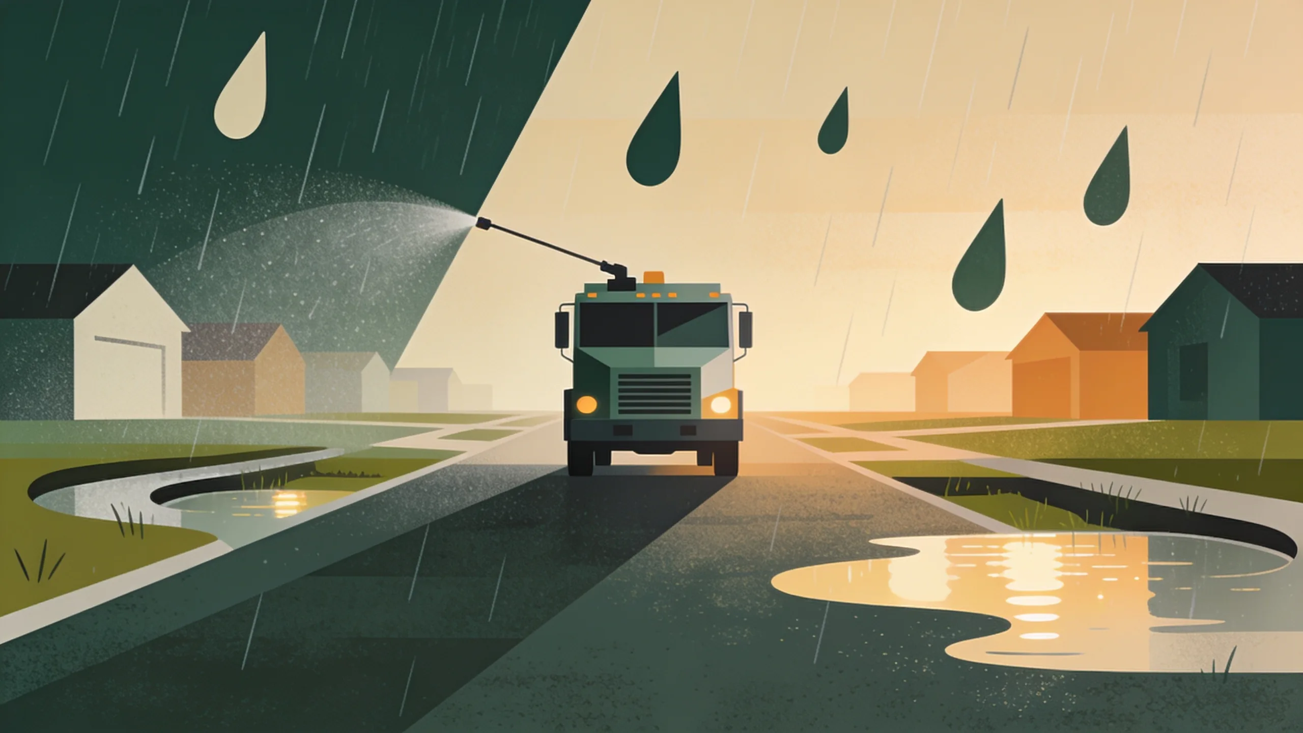 Minimal editorial illustration of a geometric spray truck on an abstract South Texas street with rain droplets and marsh shapes in muted olive and cream